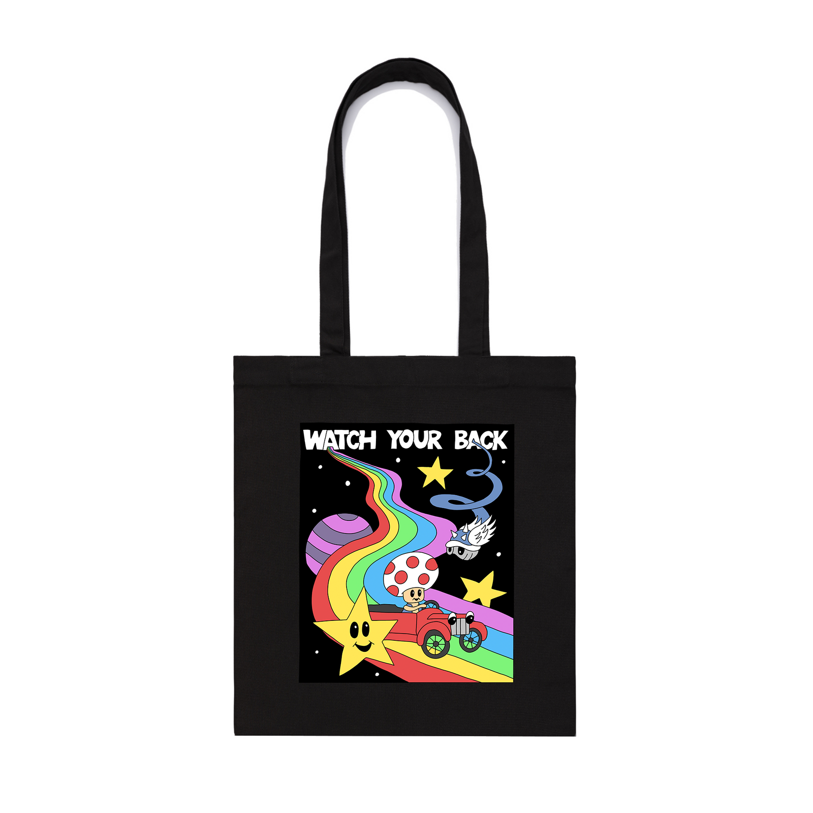 Black parcel tote with Watch Your Back Tote graphic by Lonely Kids Club