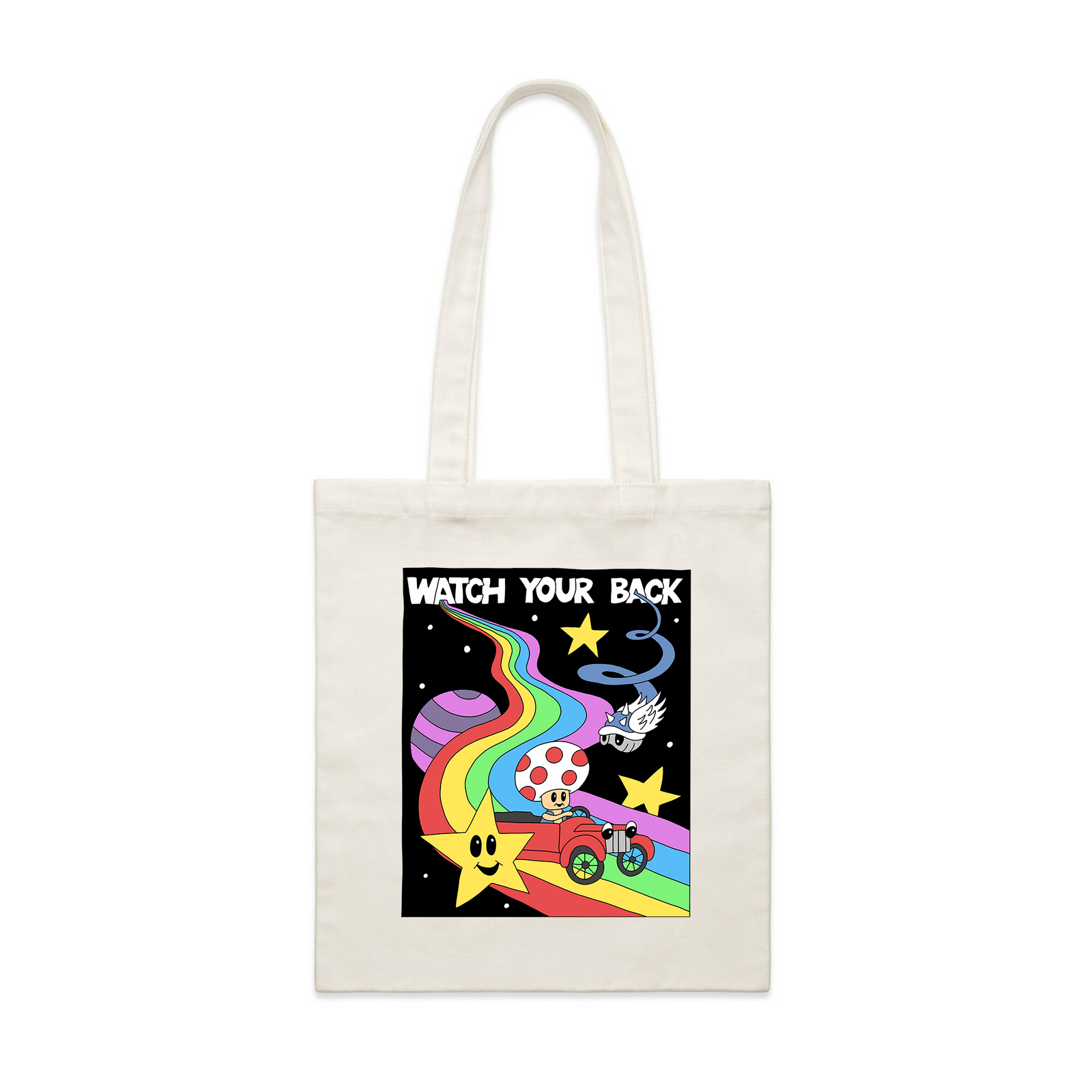 Cream parcel tote with Watch Your Back Tote graphic by Lonely Kids Club