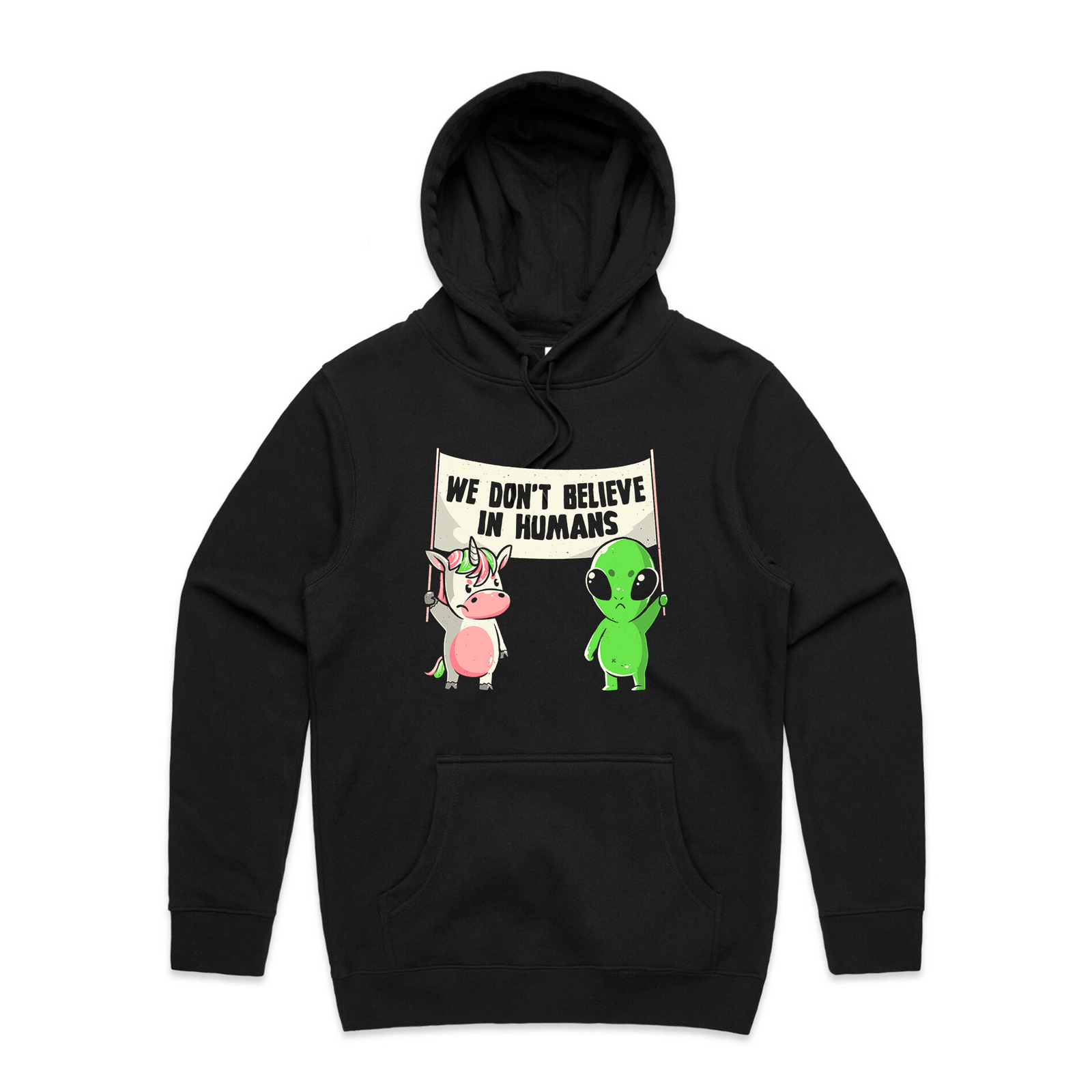 Black regular hoodie with We Don't Believe In Humans Hoodie graphic by Lonely Kids Club