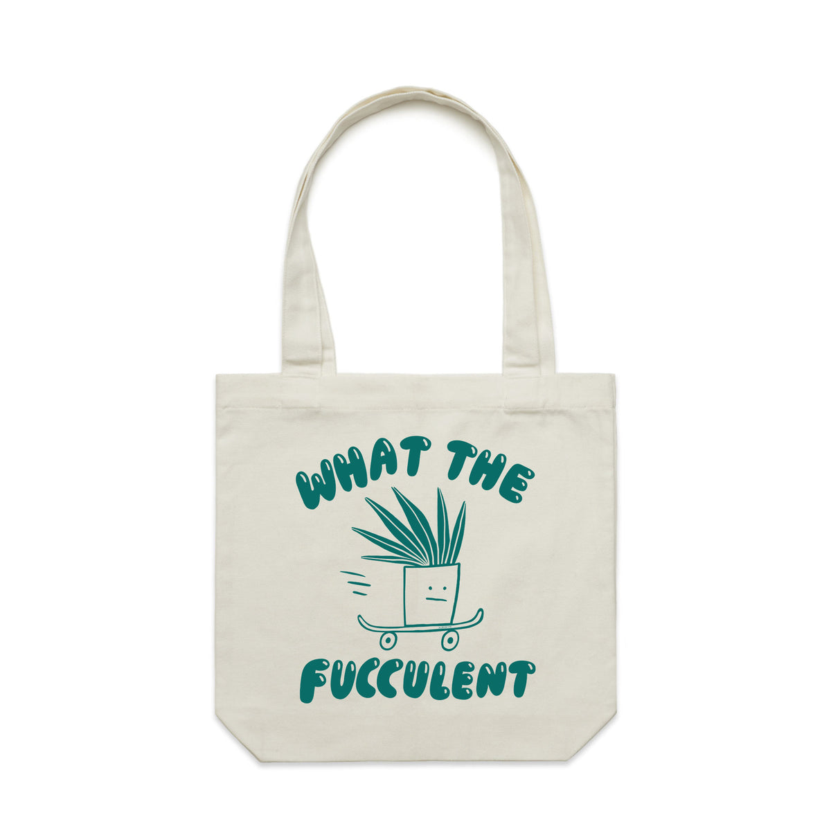 Cream carrie tote with What The Fucculent Tote graphic by Lonely Kids Club