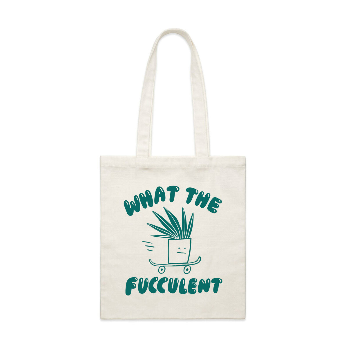 Cream parcel tote with What The Fucculent Tote graphic by Lonely Kids Club