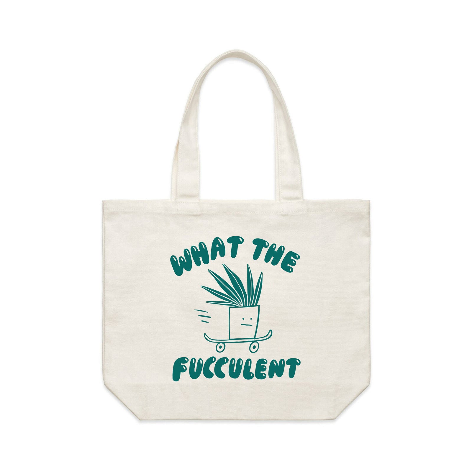 Cream shoulder tote with What The Fucculent Tote graphic by Lonely Kids Club