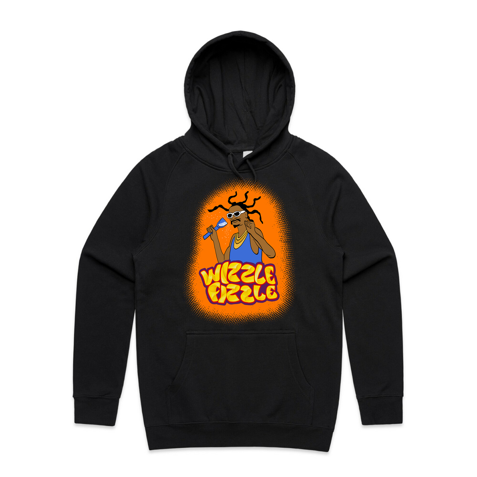 Black regular hoodie with Wizzle Fizzle Hoodie graphic by Lonely Kids Club
