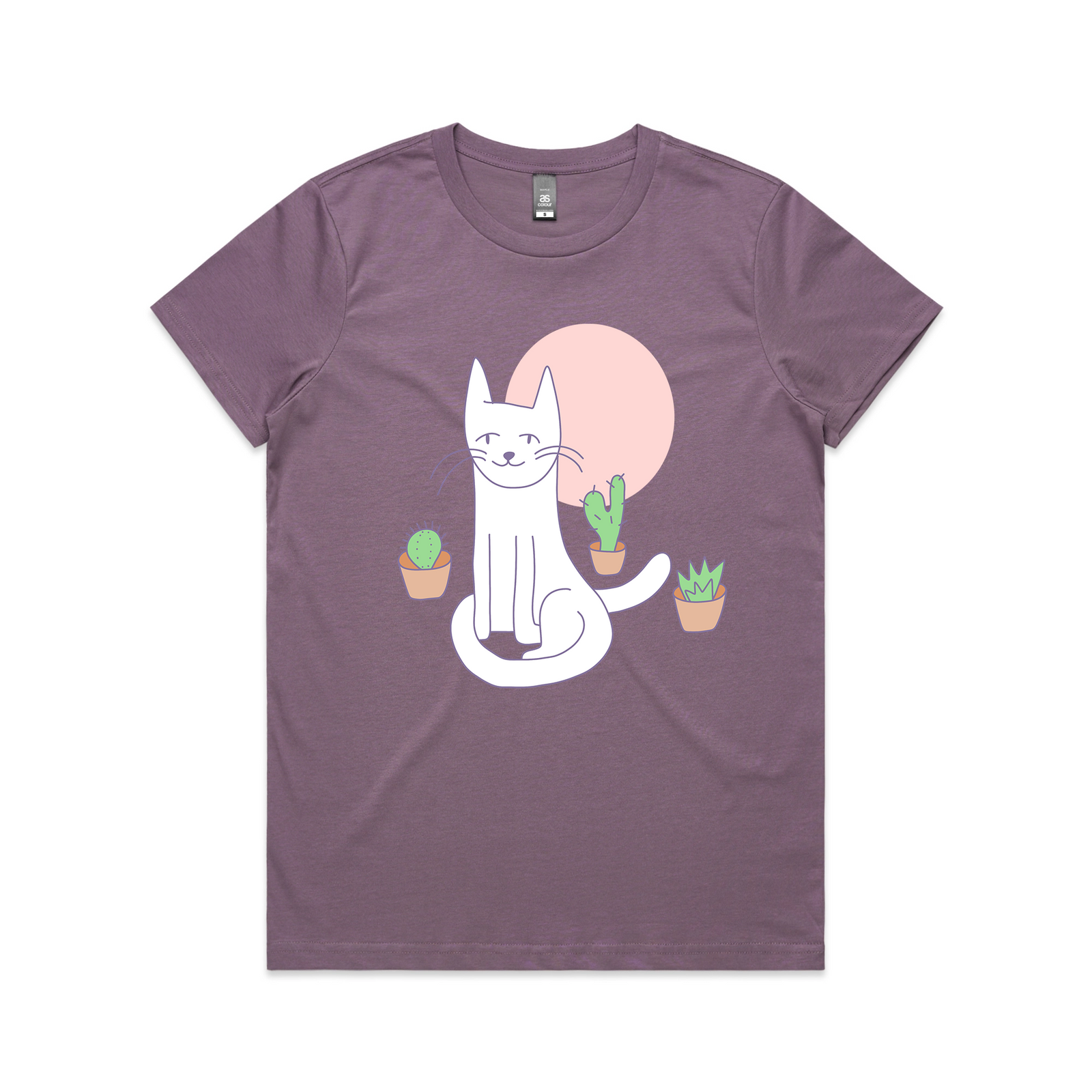 Mauve fitted womens t-shirt with Cat and Cacti graphic by Lonely Kids Club
