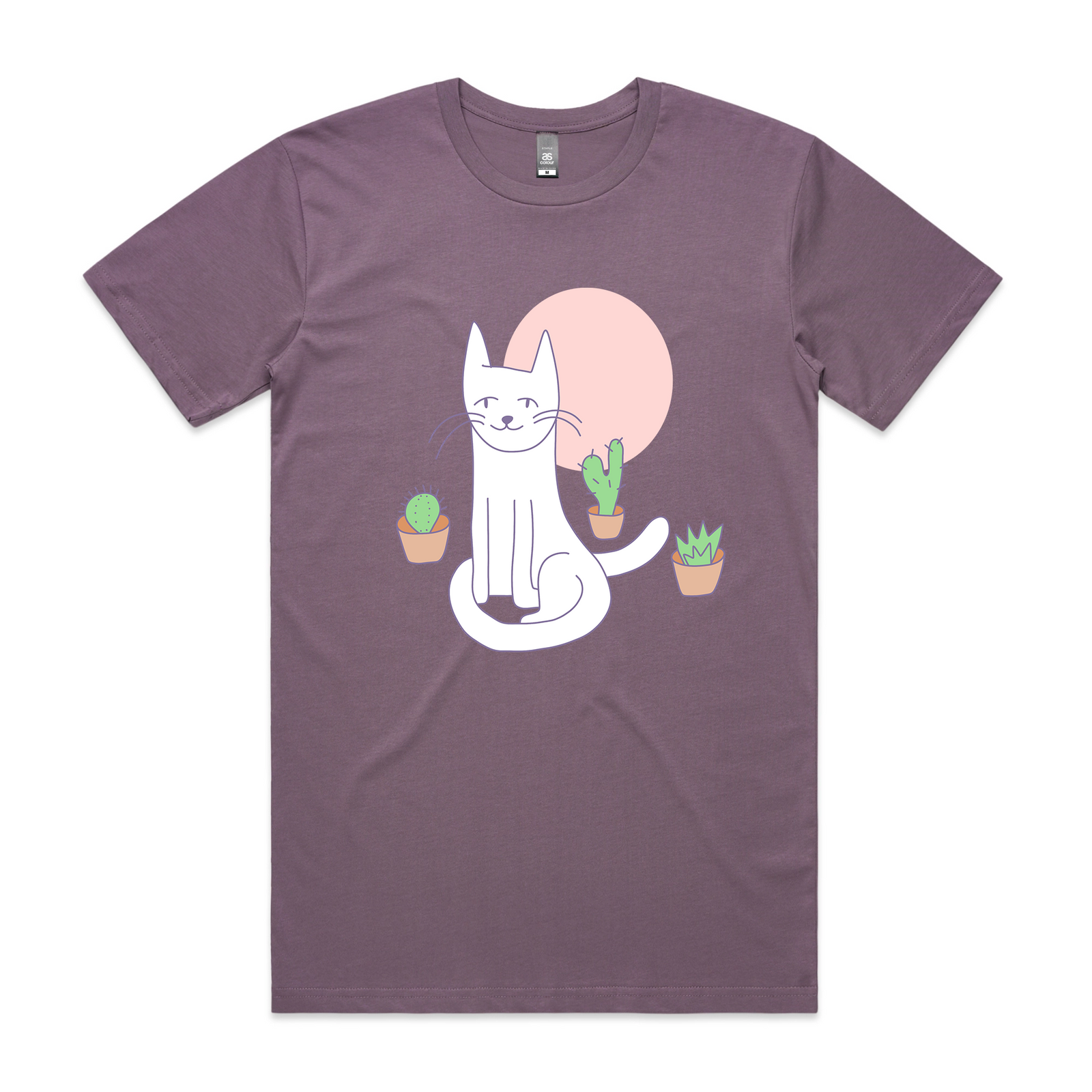 Mauve unisex t-shirt with Cat and Cacti graphic by Lonely Kids Club