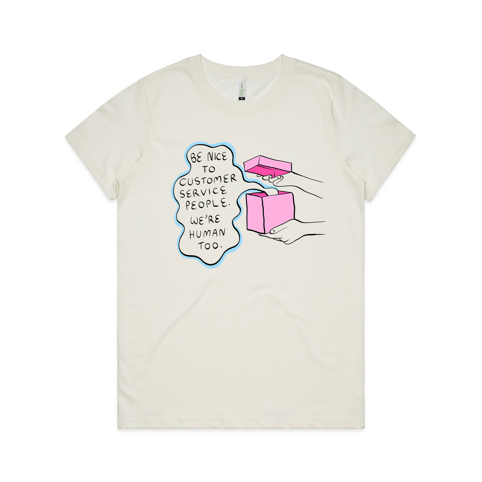 Natural fitted womens t-shirt with Customer Service graphic by Lonely Kids Club