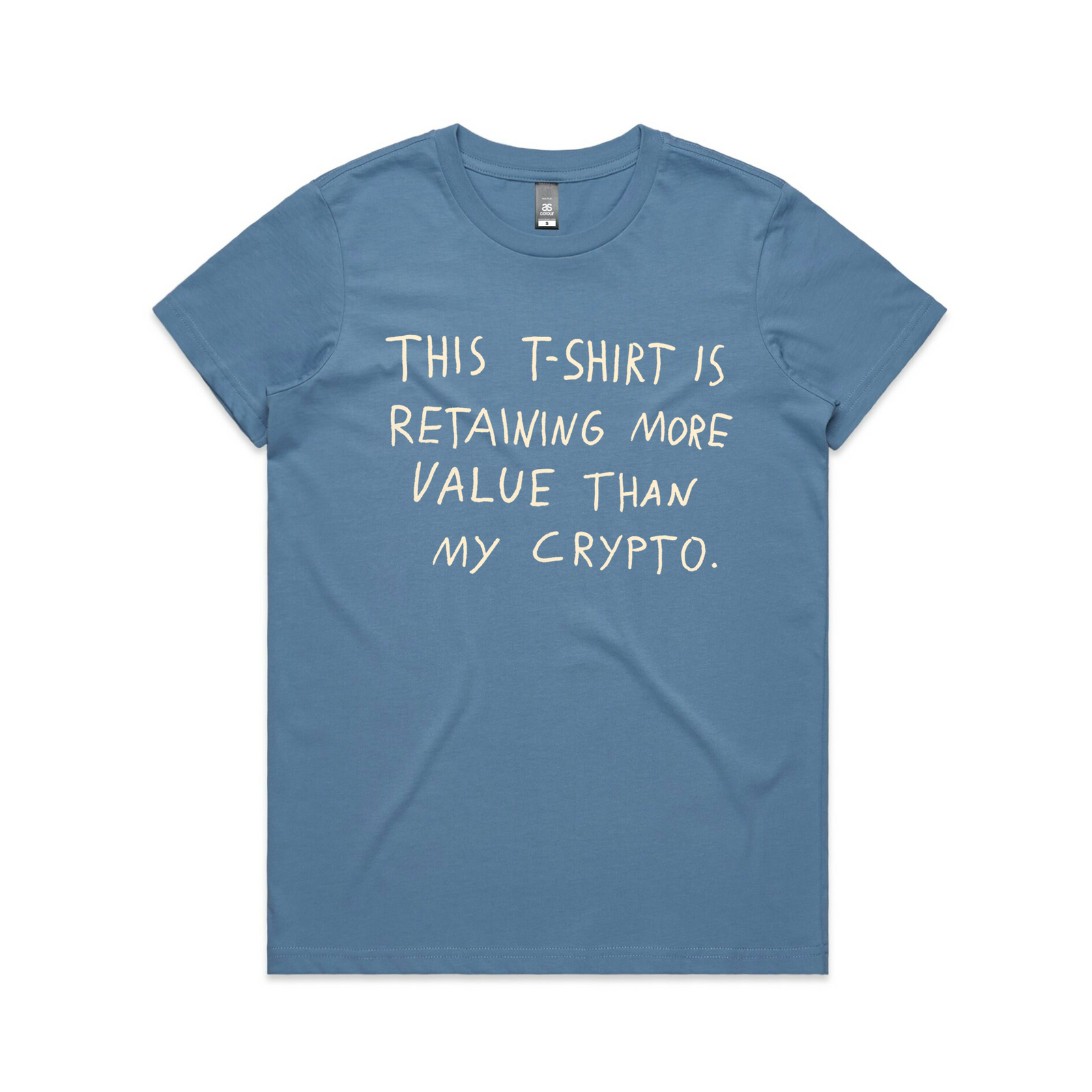 Carolina Blue fitted womens t-shirt with Retaining Value graphic by Lonely Kids Club