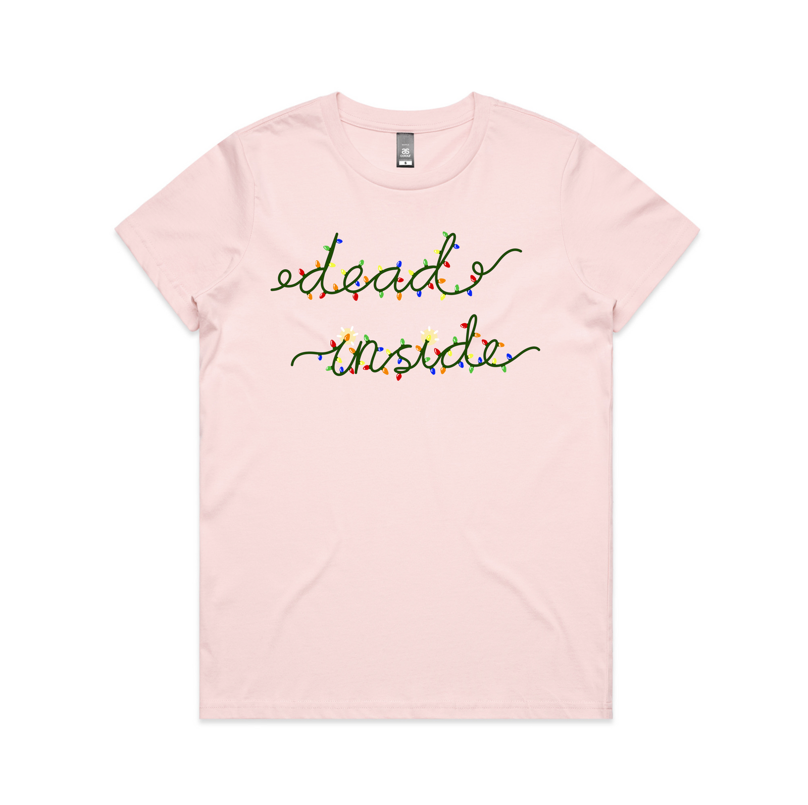 Pink fitted womens t-shirt with Dead Inside Christmas Lights graphic by Lonely Kids Club