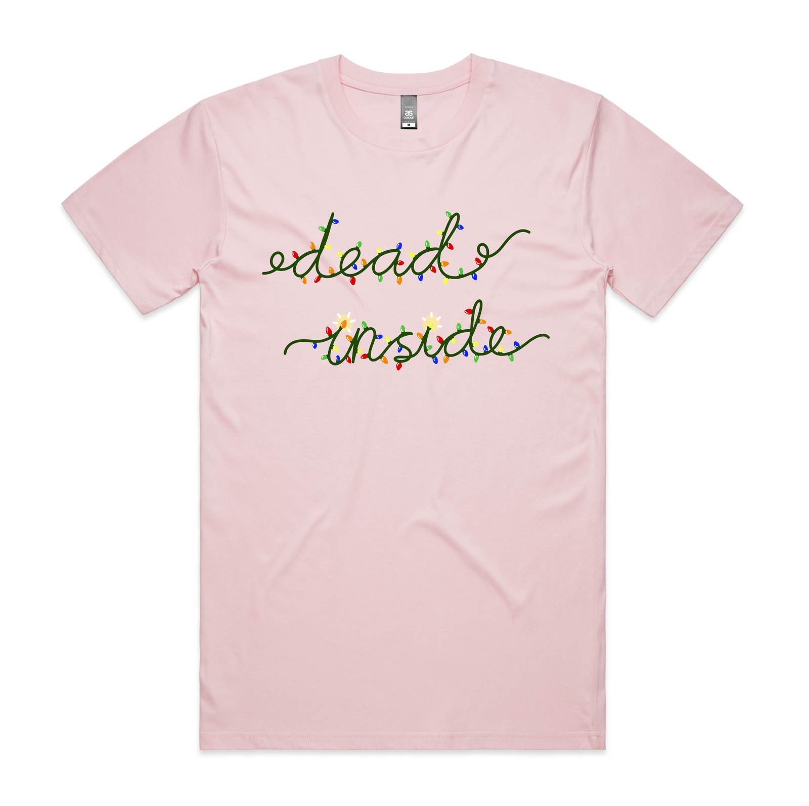 Pink unisex t-shirt with Dead Inside Christmas Lights graphic by Lonely Kids Club
