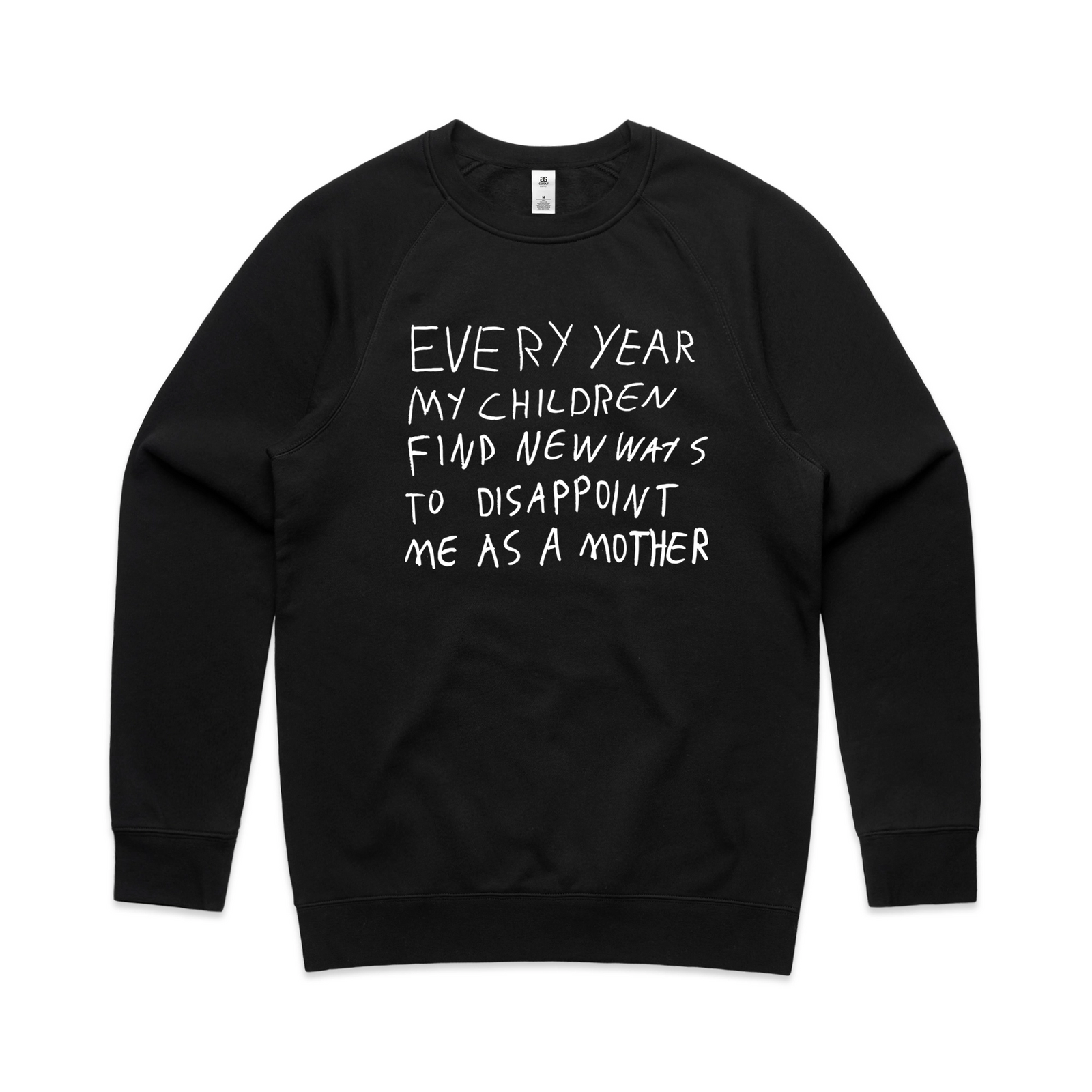 Black regular jumper with Mother's Disappointment Jumper graphic by Lonely Kids Club