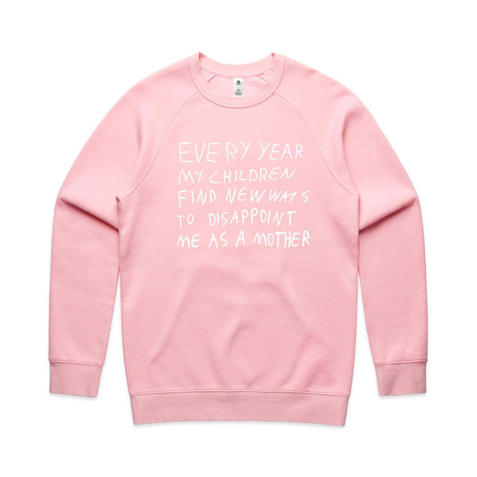 Pink regular jumper with Mother's Disappointment Jumper graphic by Lonely Kids Club