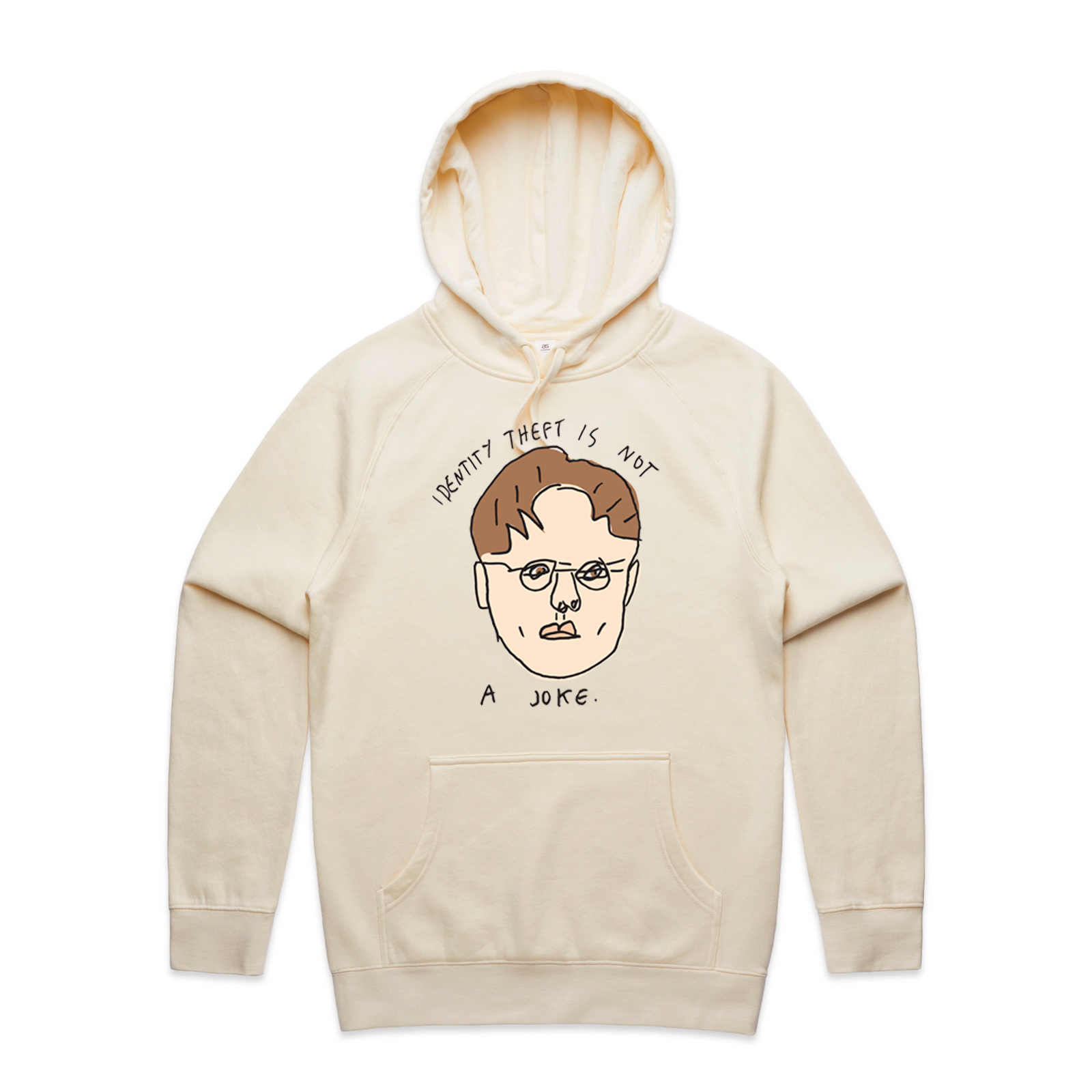 Ecru regular hoodie with Identity Theft Hoodie graphic by Lonely Kids Club