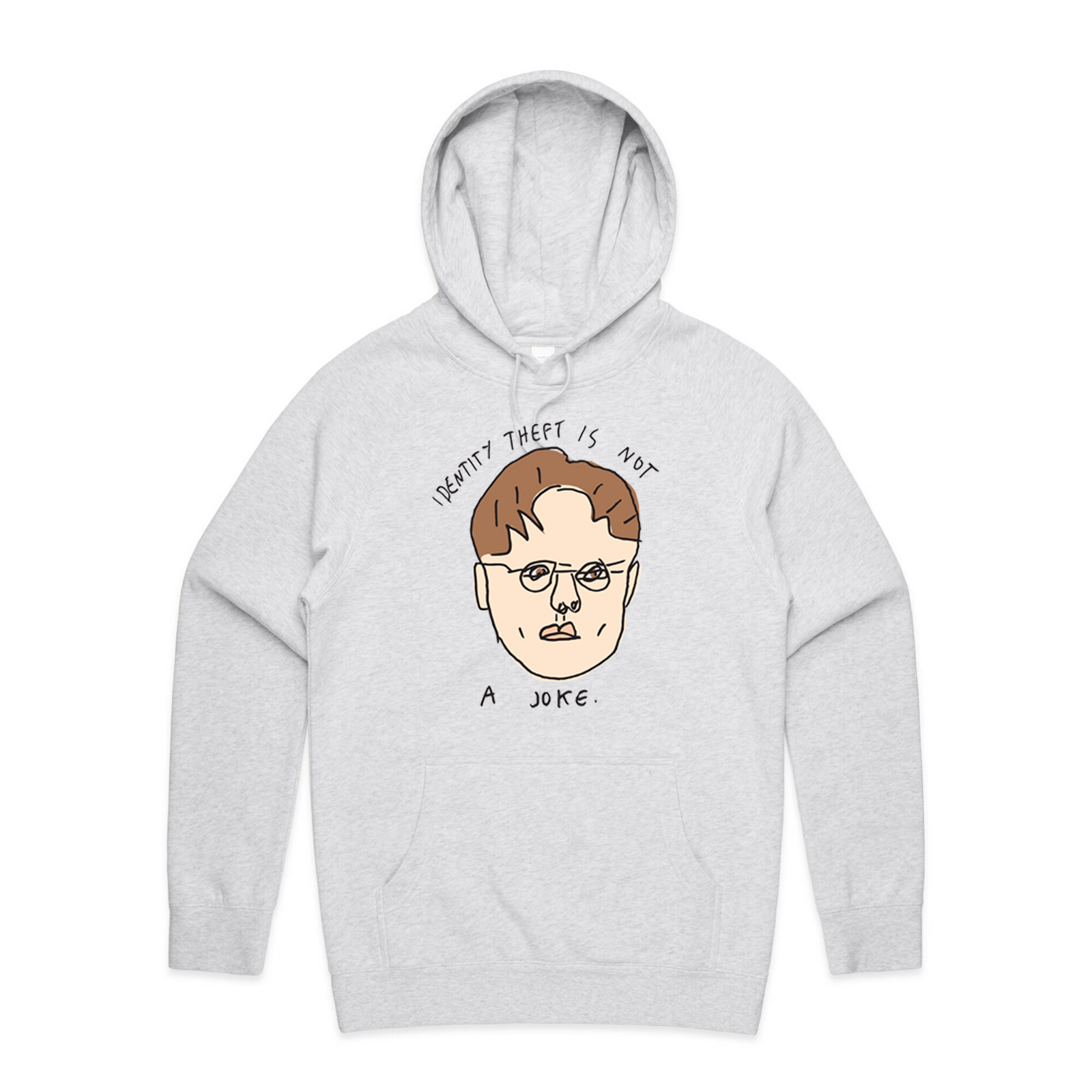 White Marle regular hoodie with Identity Theft Hoodie graphic by Lonely Kids Club