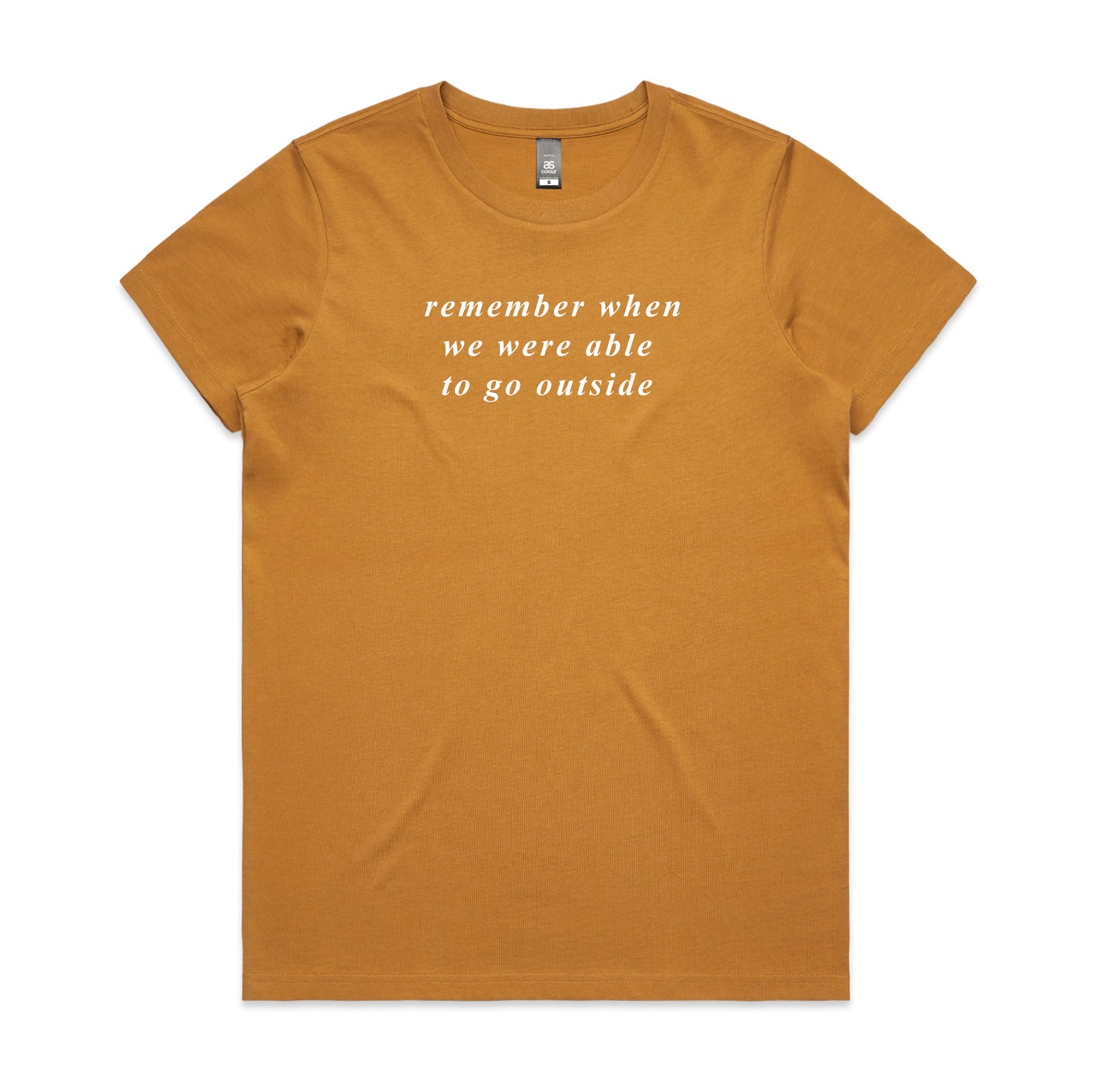 Camel fitted womens t-shirt with Remember Outside graphic by Lonely Kids Club