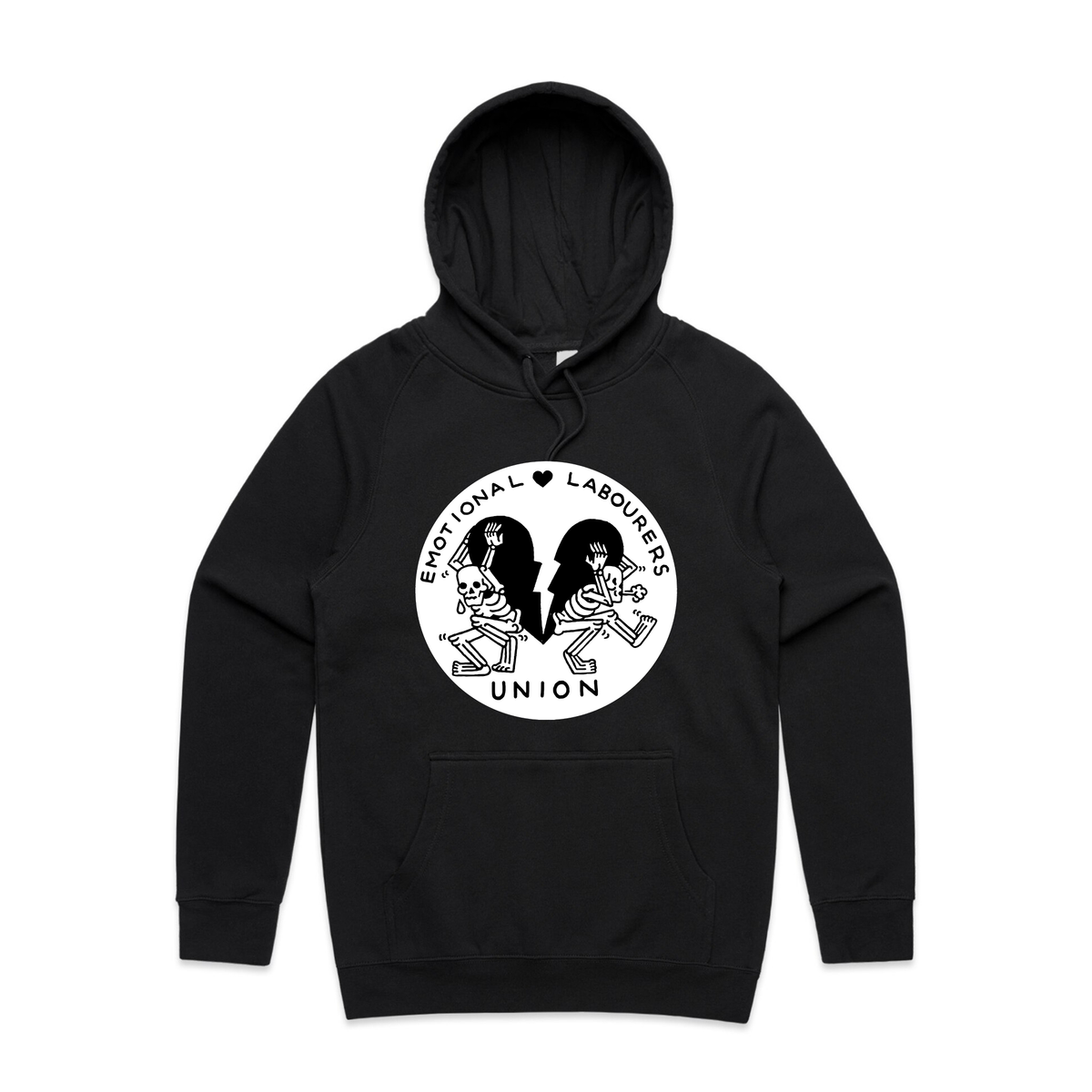 Black regular hoodie with Emotional Labourer's Union Hoodie graphic by Lonely Kids Club
