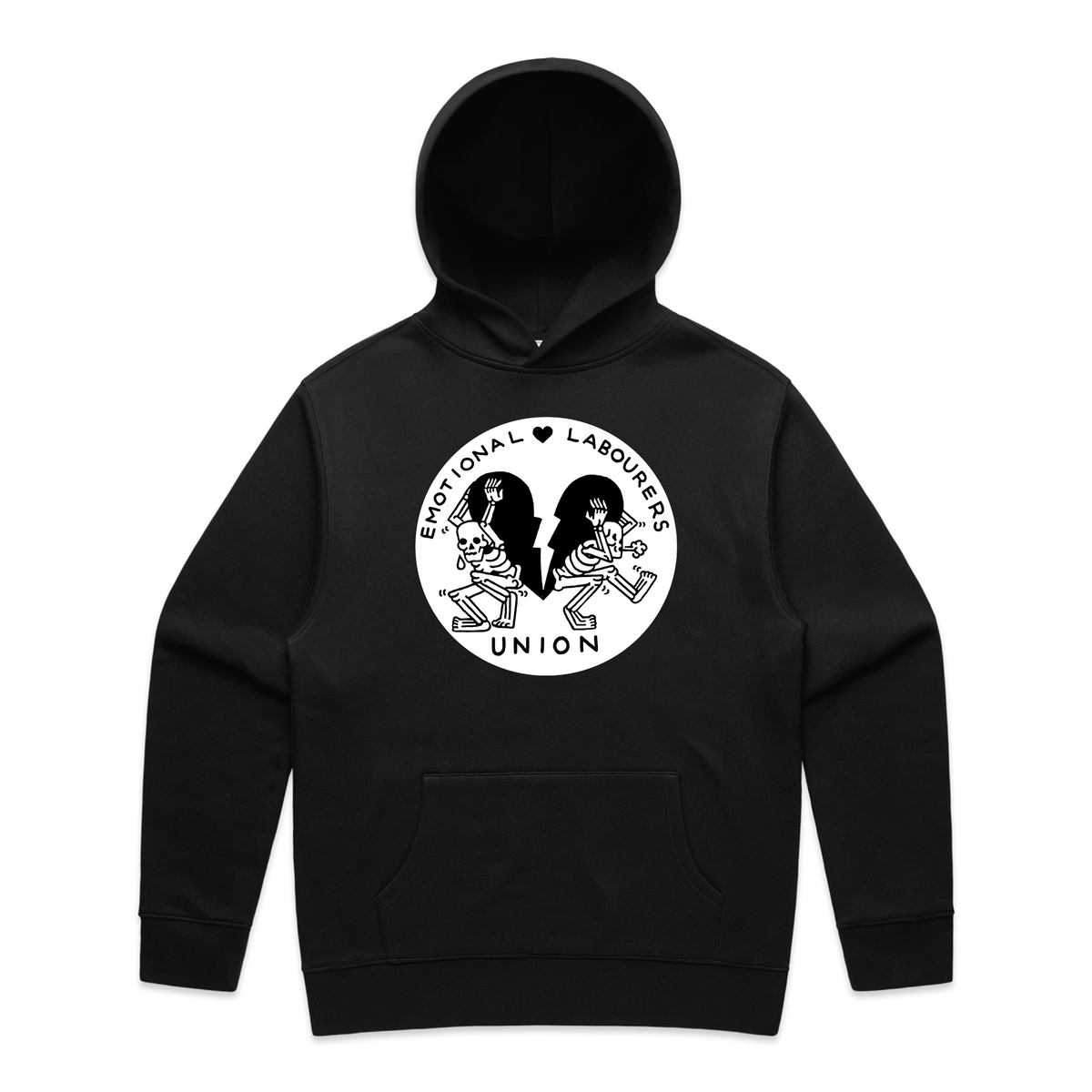 Black oversized hoodie with Emotional Labourer's Union Hoodie graphic by Lonely Kids Club