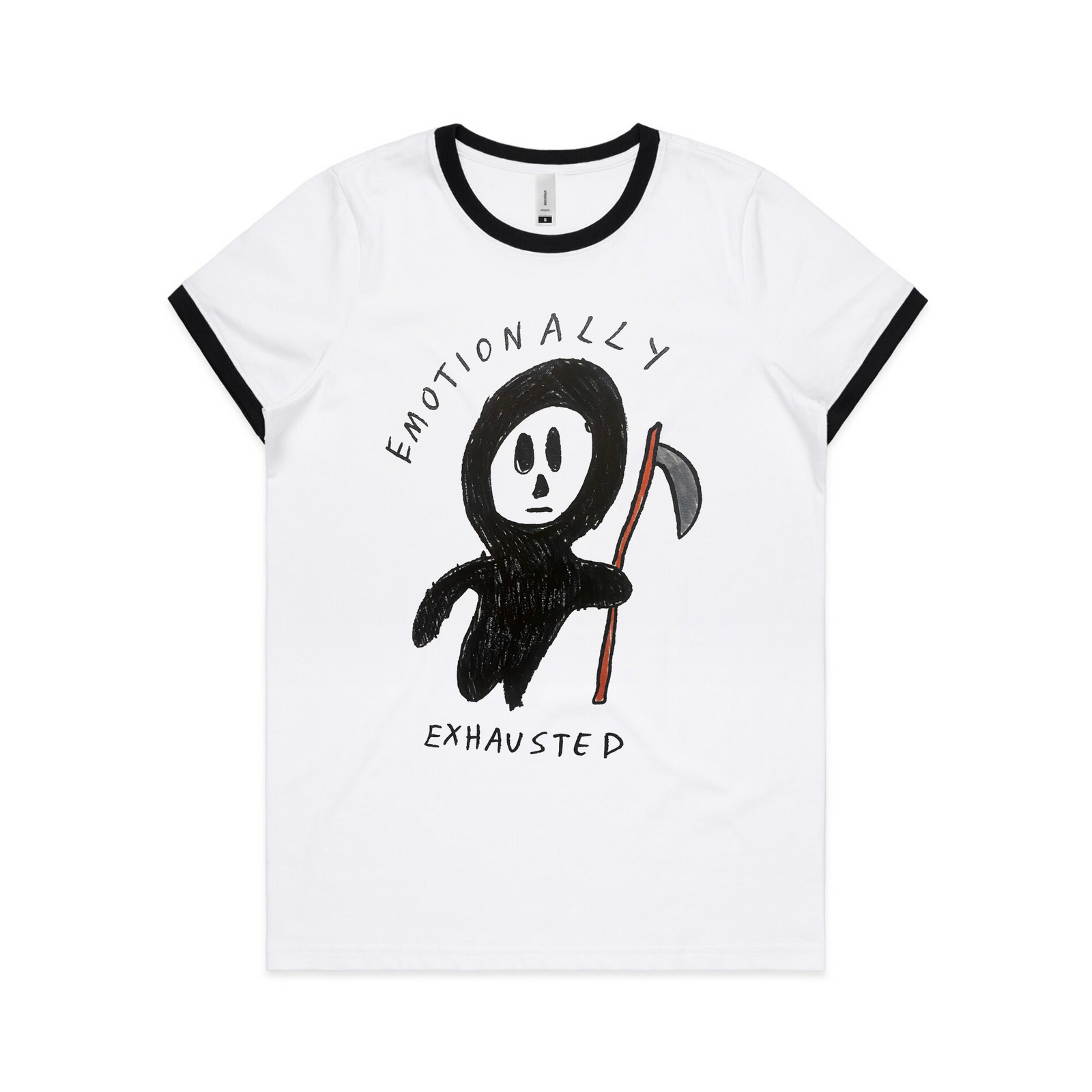 Black/White Ringer fitted womens t-shirt with Emotionally Exhausted Ringer graphic by Lonely Kids Club
