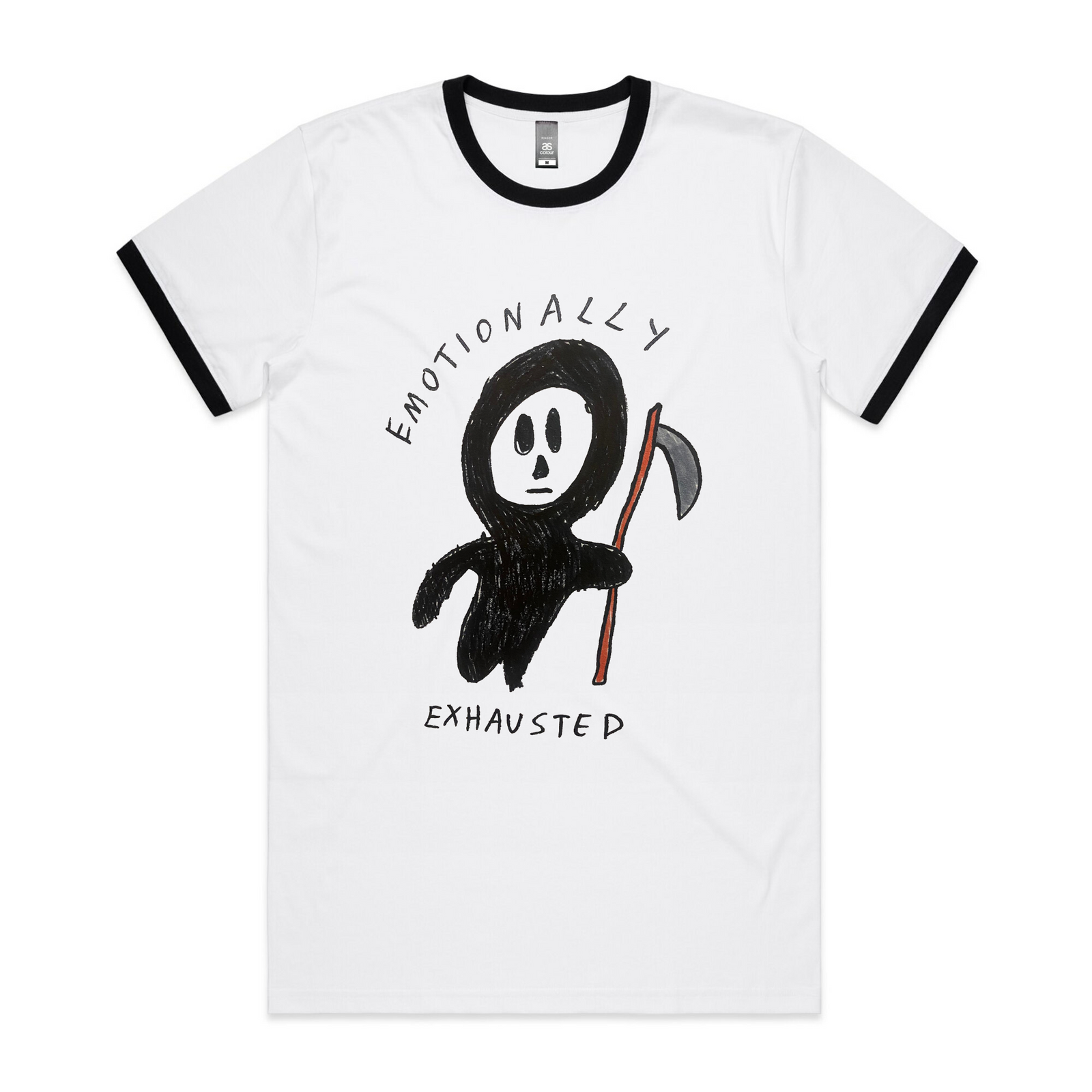 Black/White Ringer unisex t-shirt with Emotionally Exhausted Ringer graphic by Lonely Kids Club