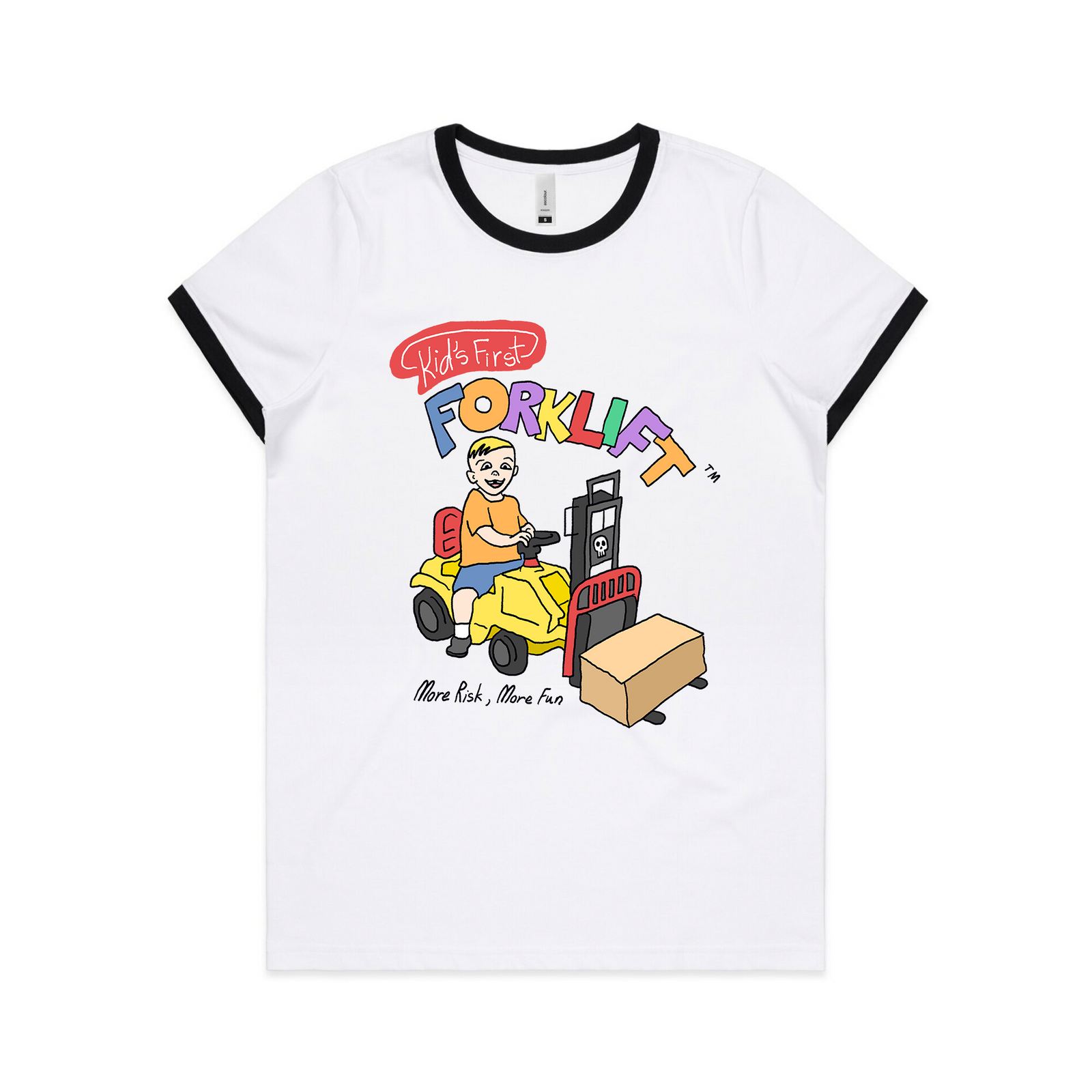 Black/White Ringer fitted womens t-shirt with Forklift Ringer graphic by Lonely Kids Club