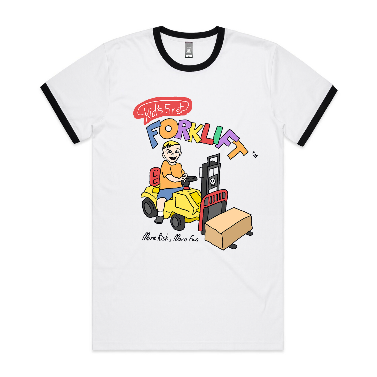 Black/White Ringer unisex t-shirt with Forklift Ringer graphic by Lonely Kids Club
