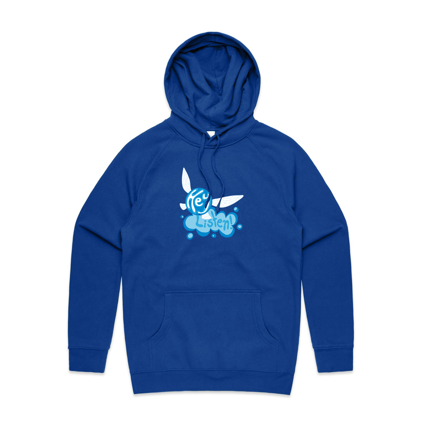 Royal Blue regular hoodie with Hey Listen Hoodie graphic by Lonely Kids Club