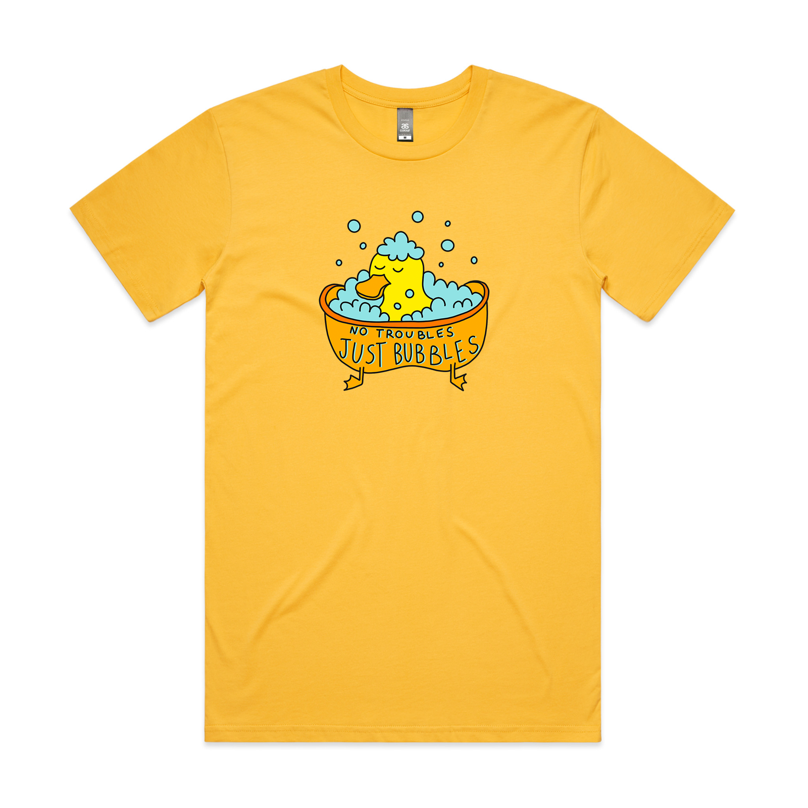 Yellow unisex t-shirt with Just Bubbles graphic by Lonely Kids Club