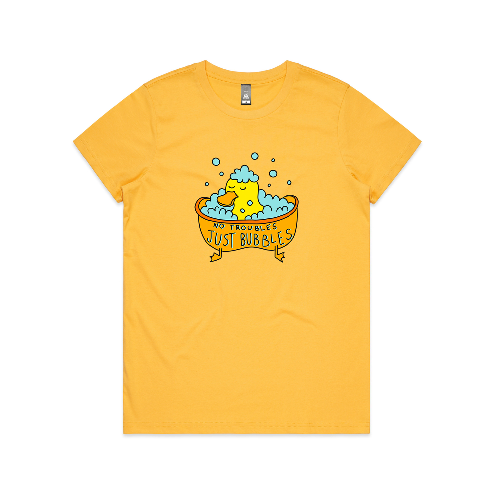 Yellow fitted womens t-shirt with Just Bubbles graphic by Lonely Kids Club