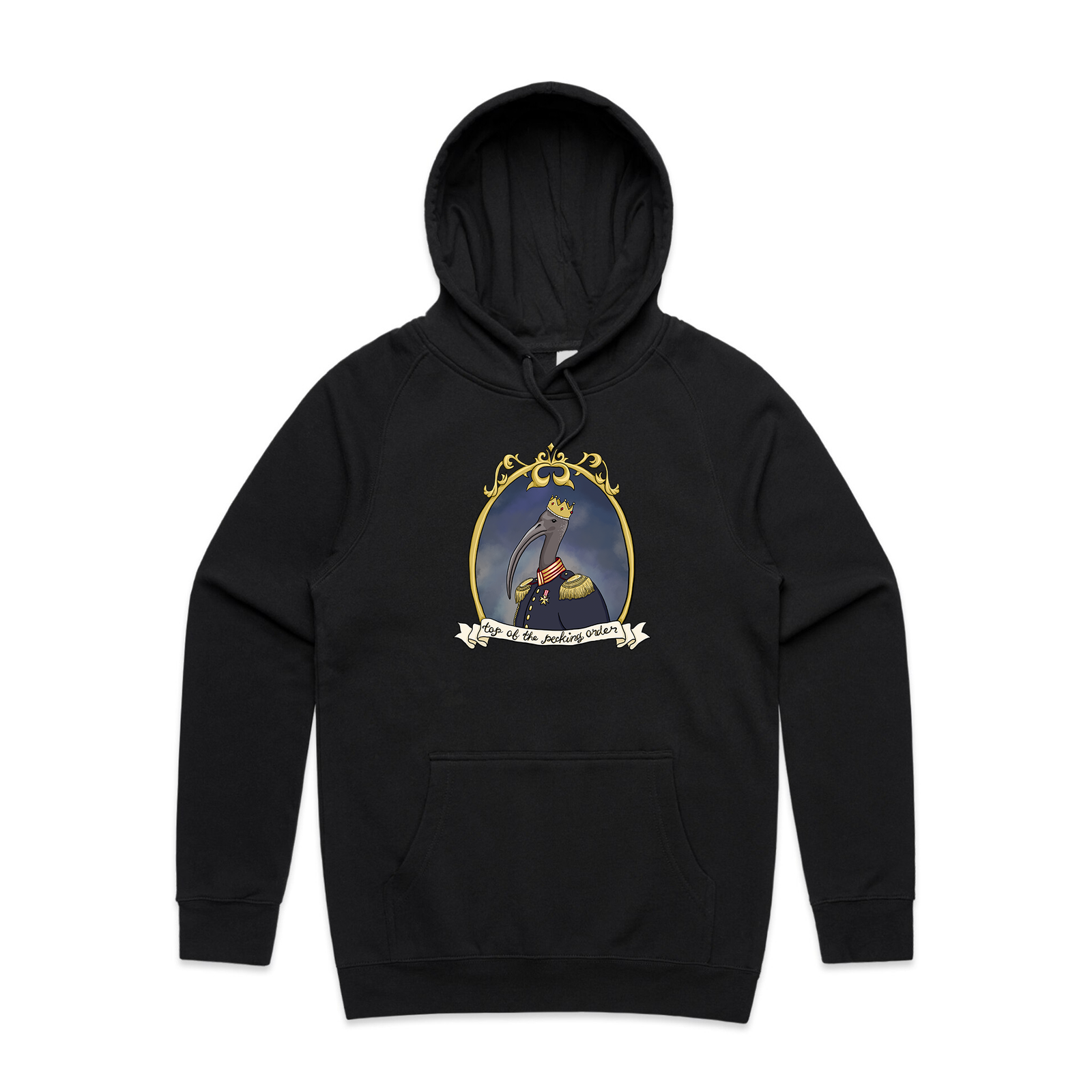 Black regular hoodie with King Chicken Hoodie graphic by Lonely Kids Club