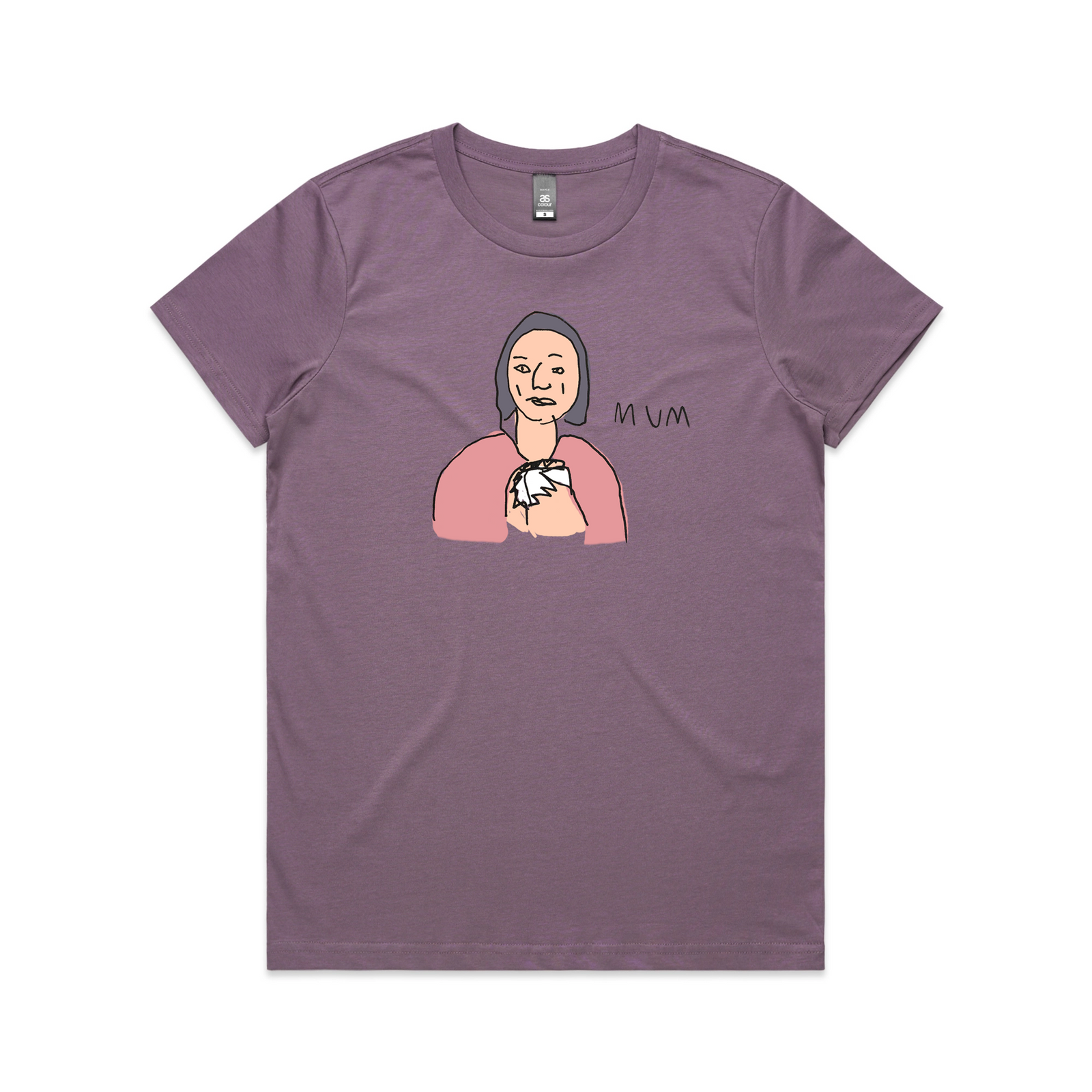 Mauve fitted womens t-shirt with Mum and Tea graphic by Lonely Kids Club