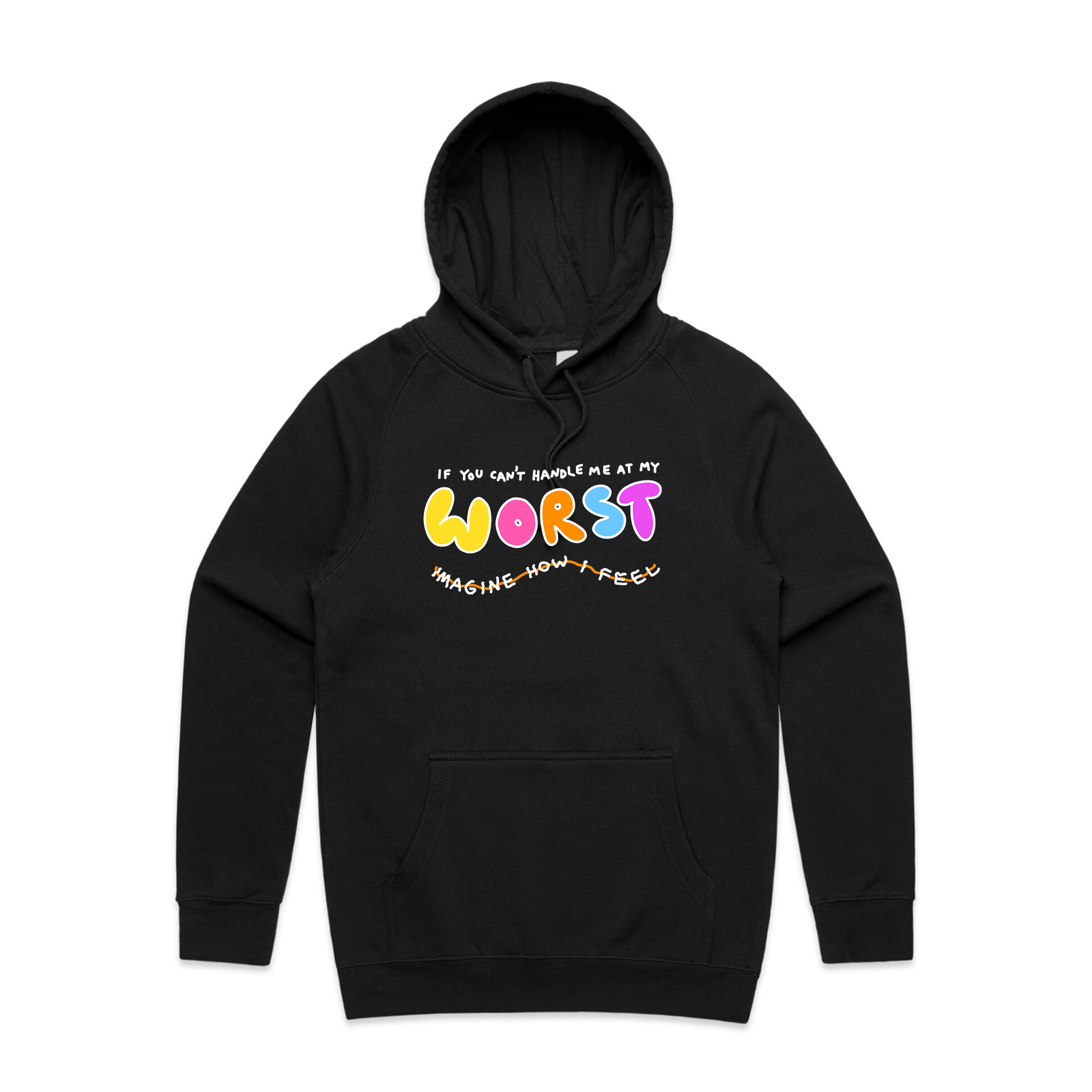 Black regular hoodie with My Worst Hoodie graphic by Lonely Kids Club