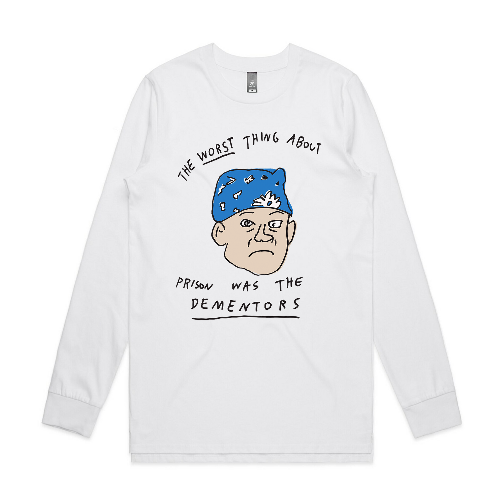 White long sleeve t-shirt with a face in a bandana with 'The Worst Thing About Prison Was the Dementors' text by Lonely Kids Club