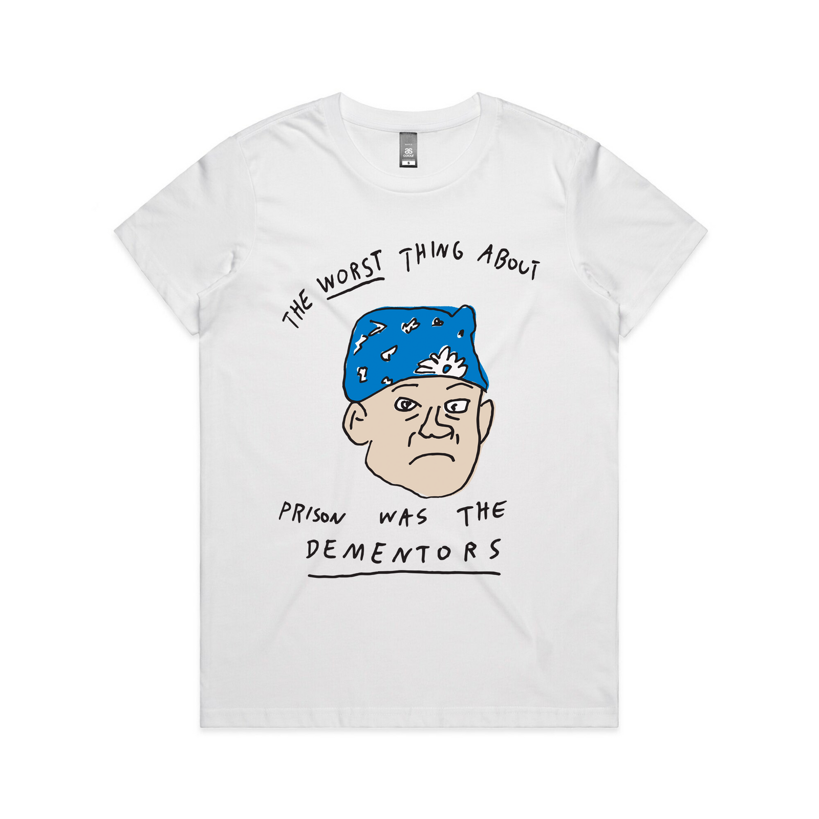 White fitted womens t-shirt with a face in a bandana with 'The Worst Thing About Prison Was the Dementors' text by Lonely Kids Club