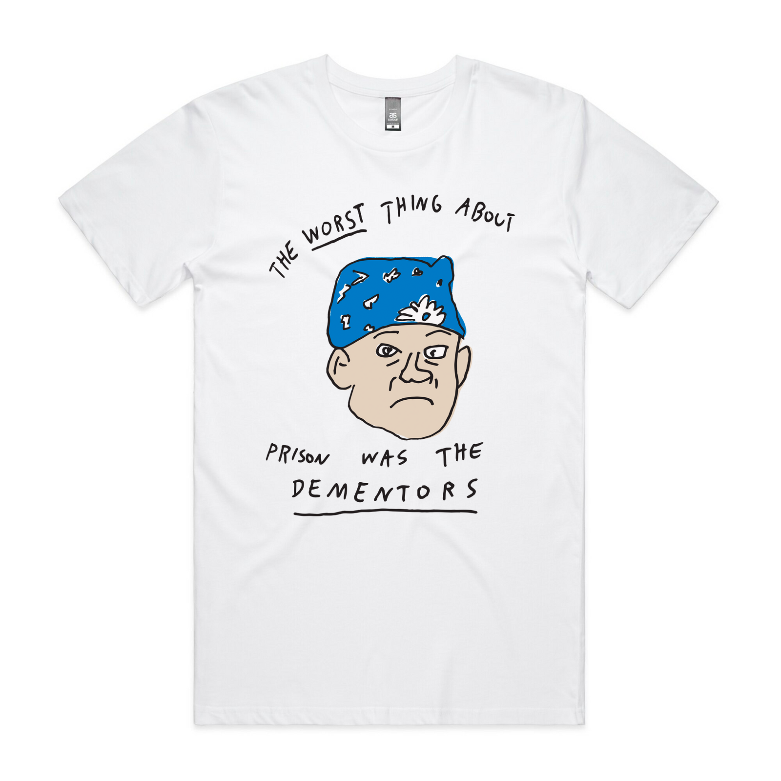 White unisex t-shirt with a face in a bandana with 'The Worst Thing About Prison Was the Dementors' text by Lonely Kids Club