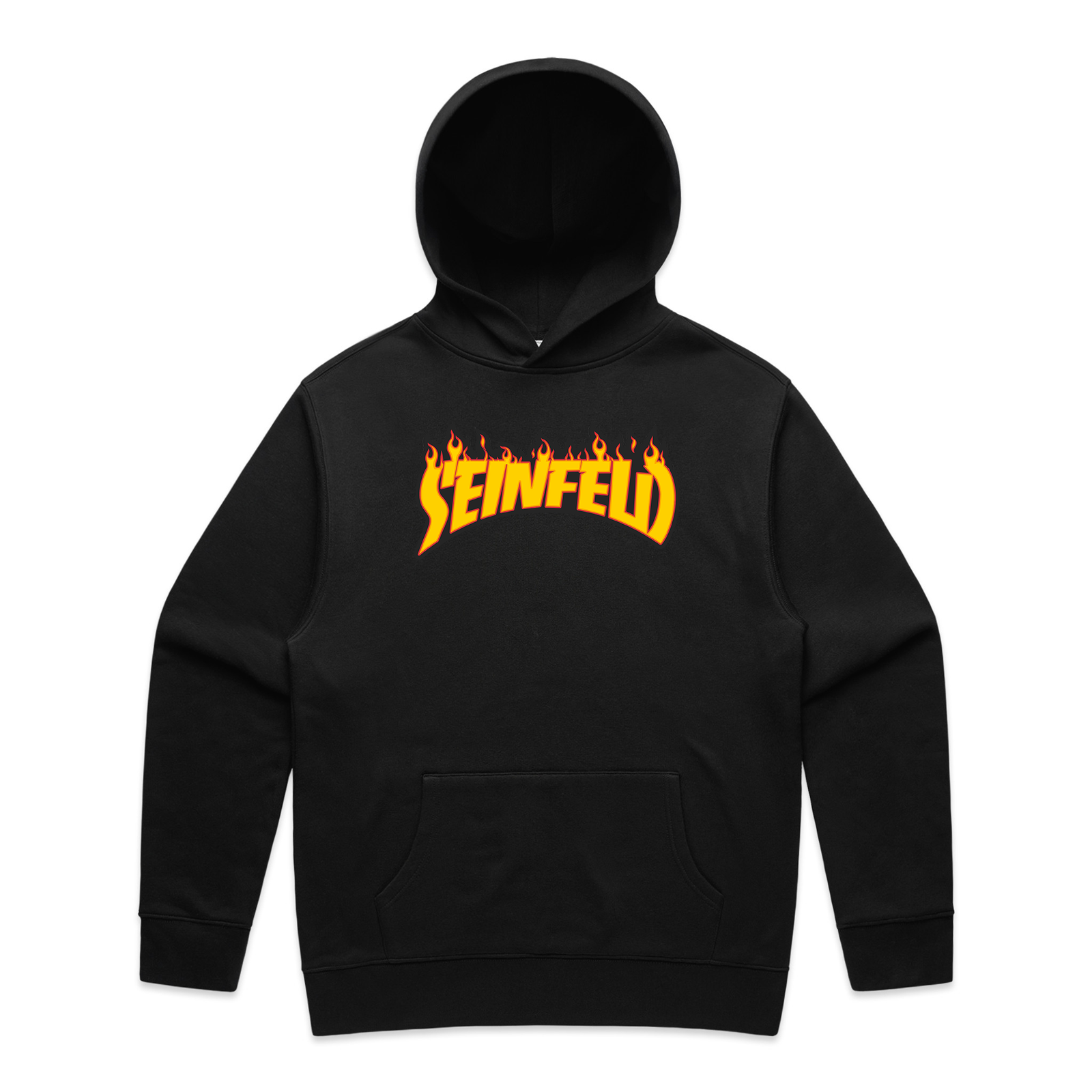 Black oversized hoodie with Seinfeld Thrasher Hoodie graphic by Lonely Kids Club