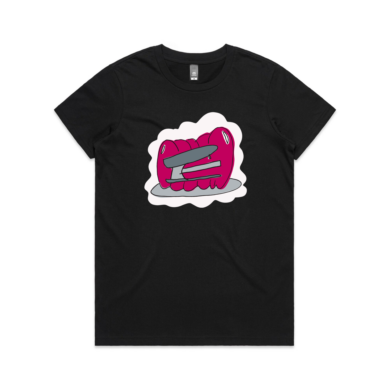 Black fitted womens t-shirt with Stapler in Jello graphic by Lonely Kids Club