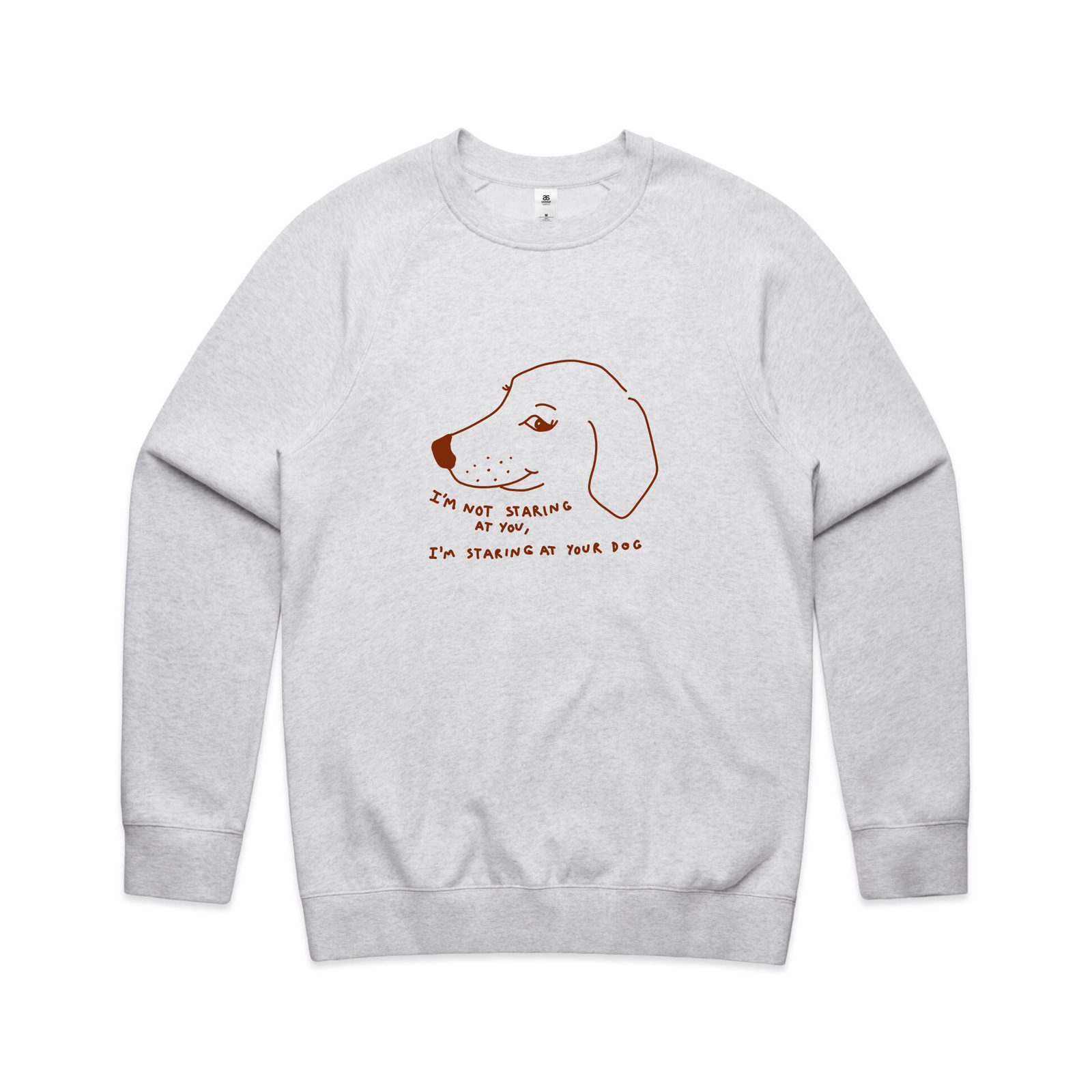 White Marle regular jumper with Staring At Your Dog Jumper graphic by Lonely Kids Club