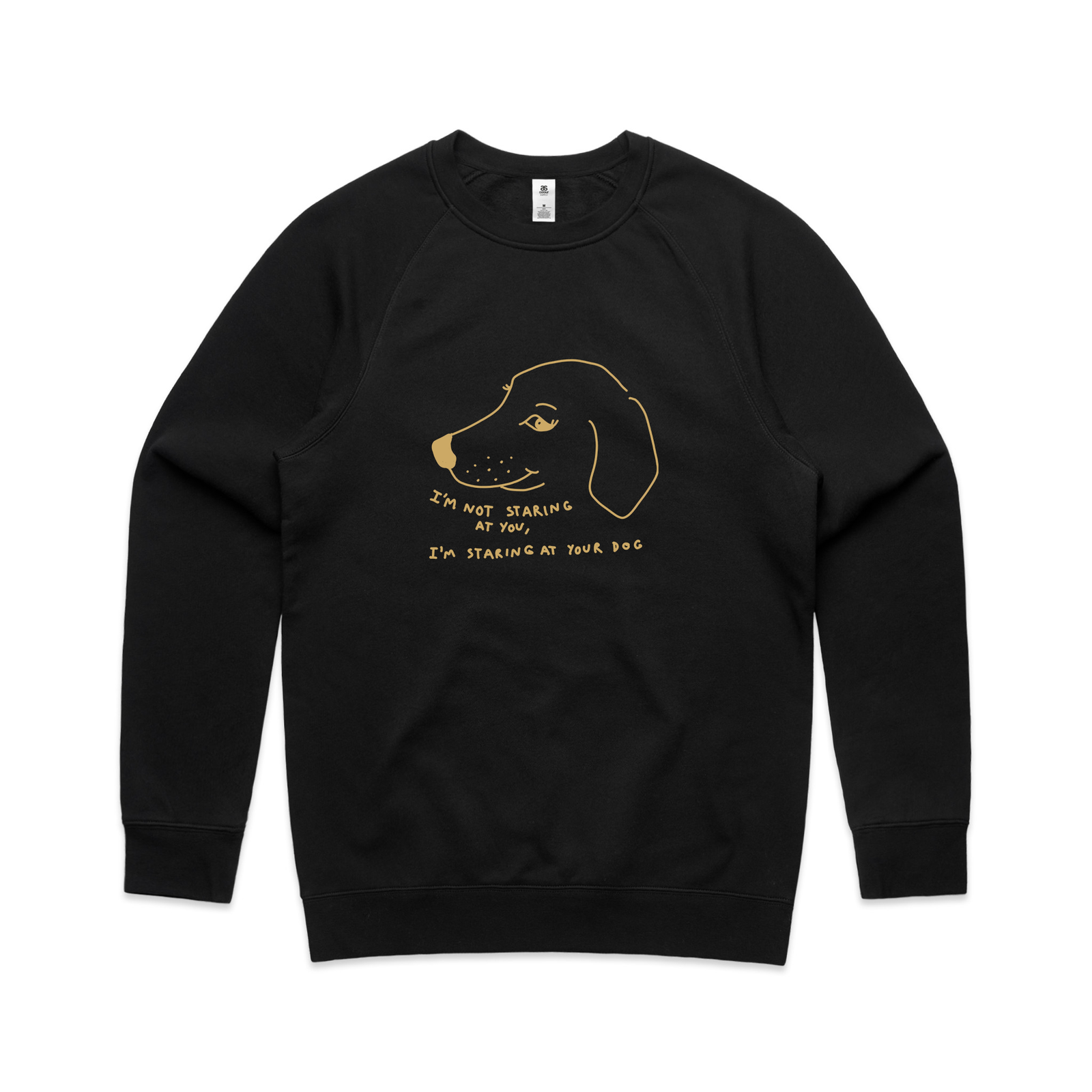 Black regular jumper with Staring At Your Dog Jumper graphic by Lonely Kids Club