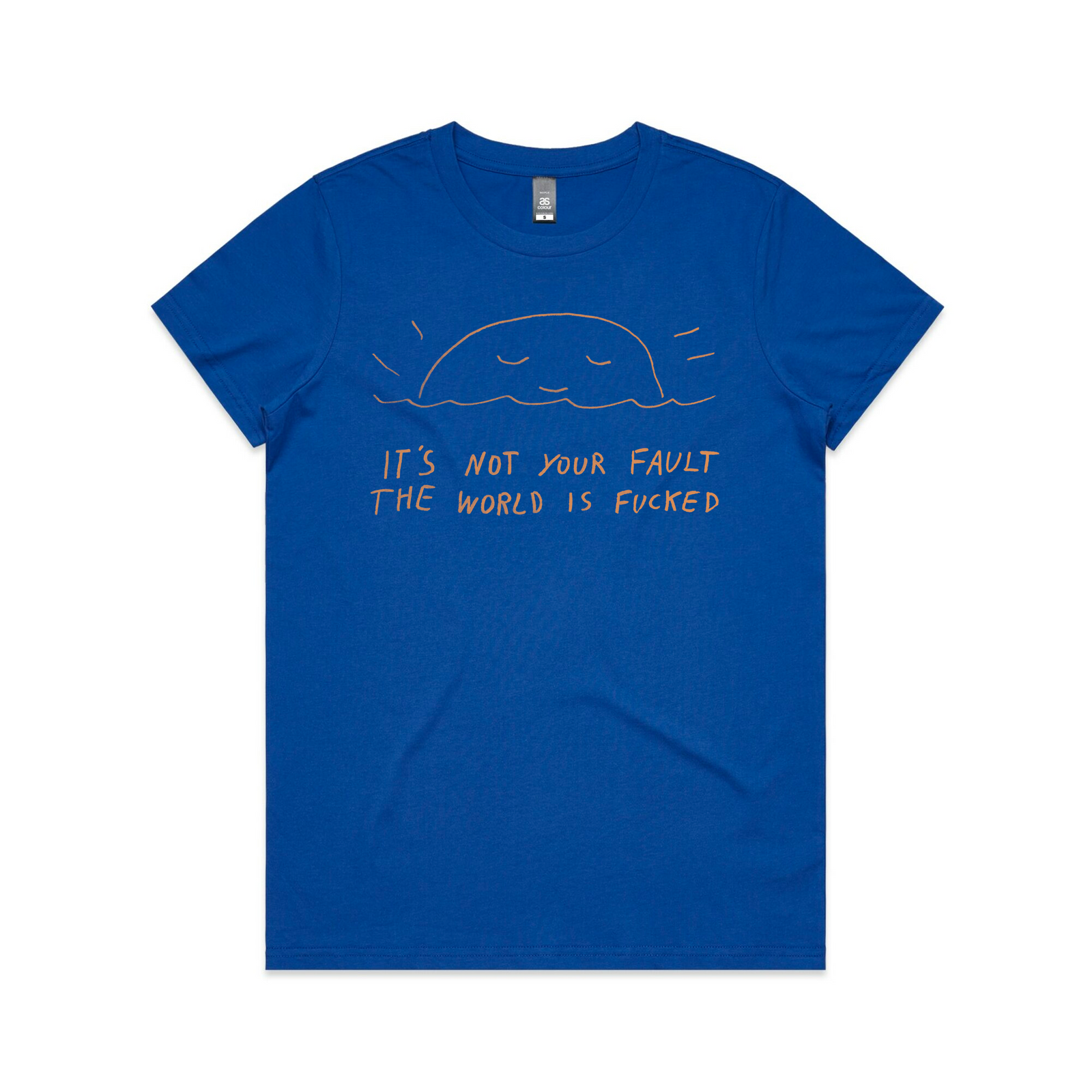 Royal Blue fitted womens t-shirt with Not Your Fault graphic by Lonely Kids Club