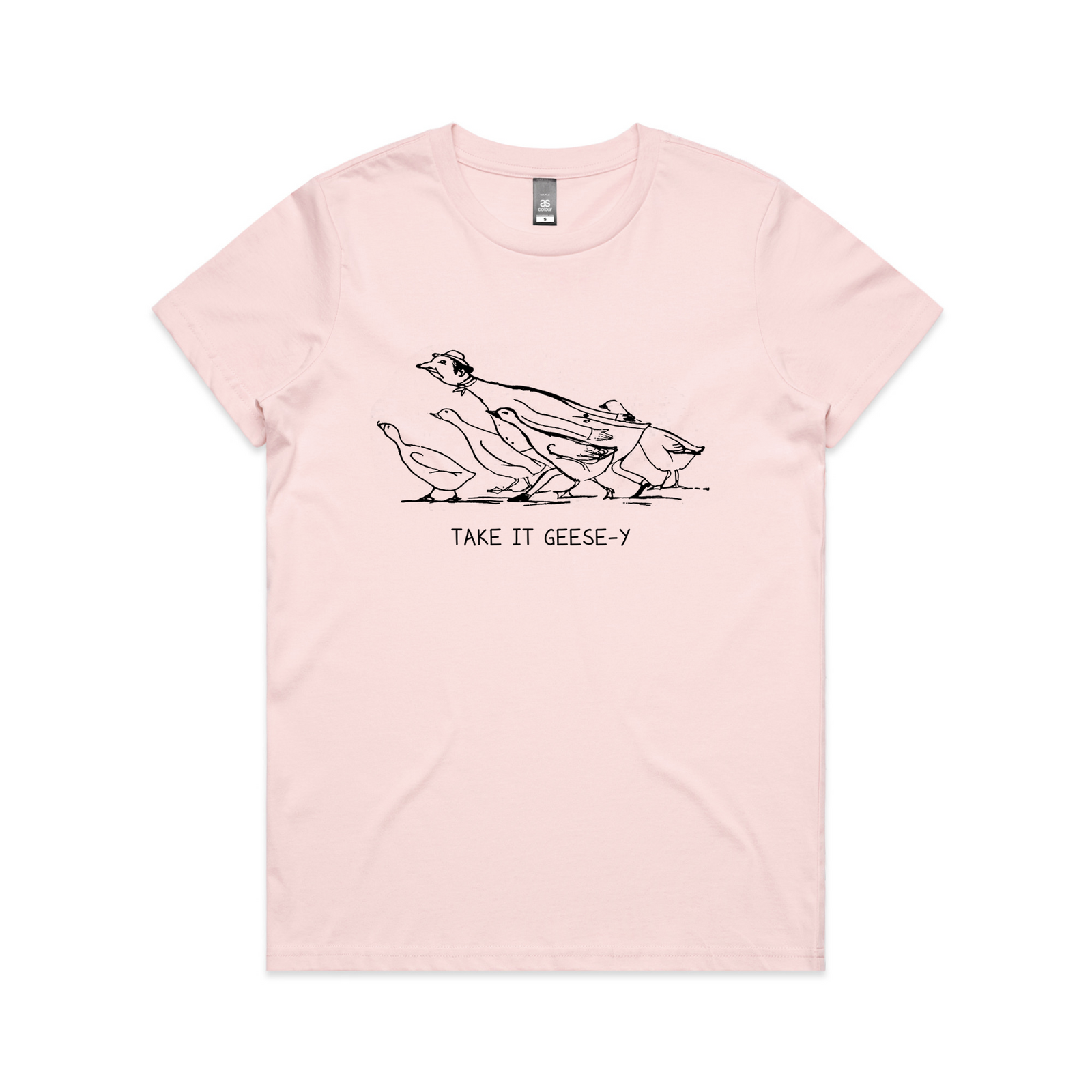 Pink fitted womens t-shirt with Take it Geese-y graphic by Lonely Kids Club
