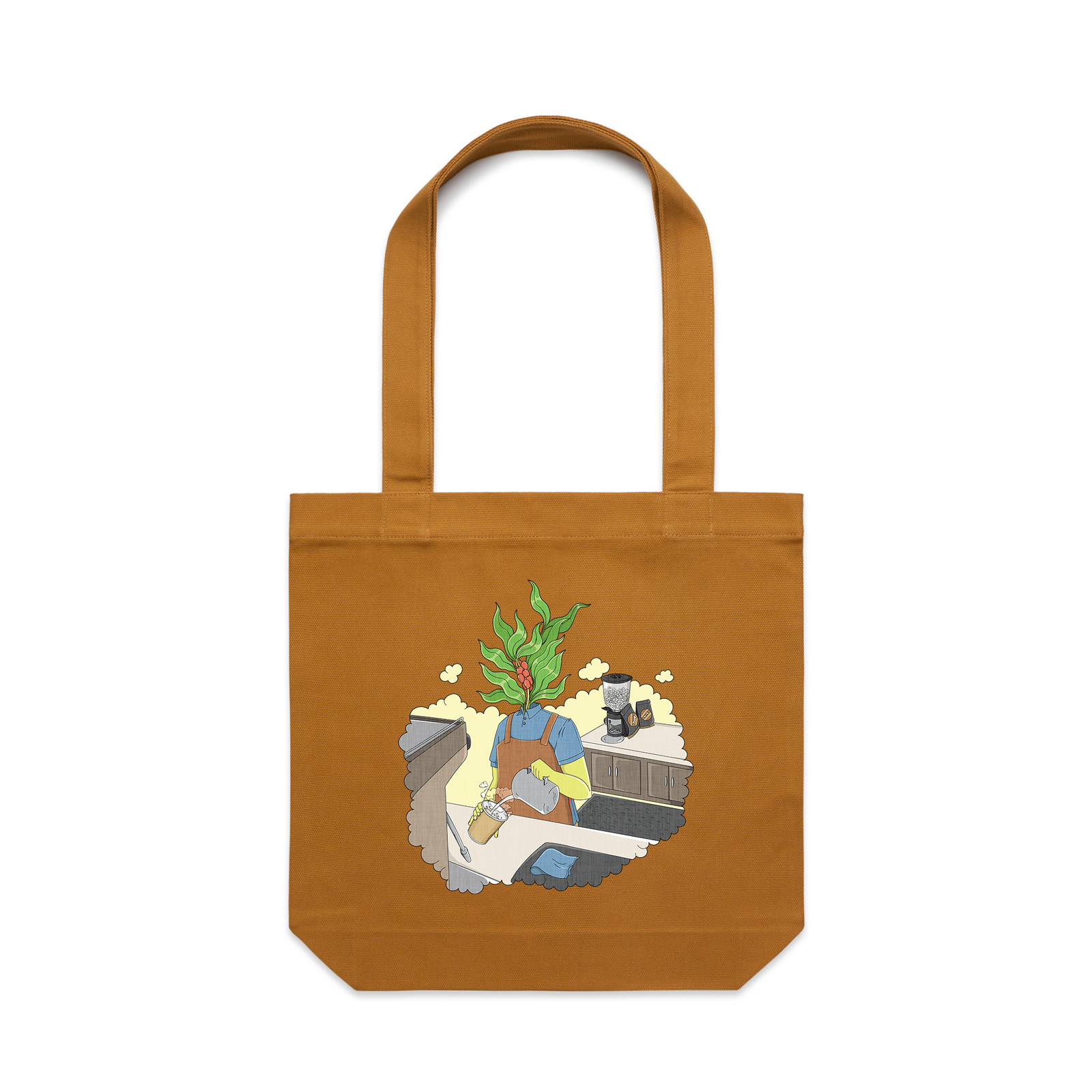 Camel carrie tote with The Grind Tote graphic by Lonely Kids Club
