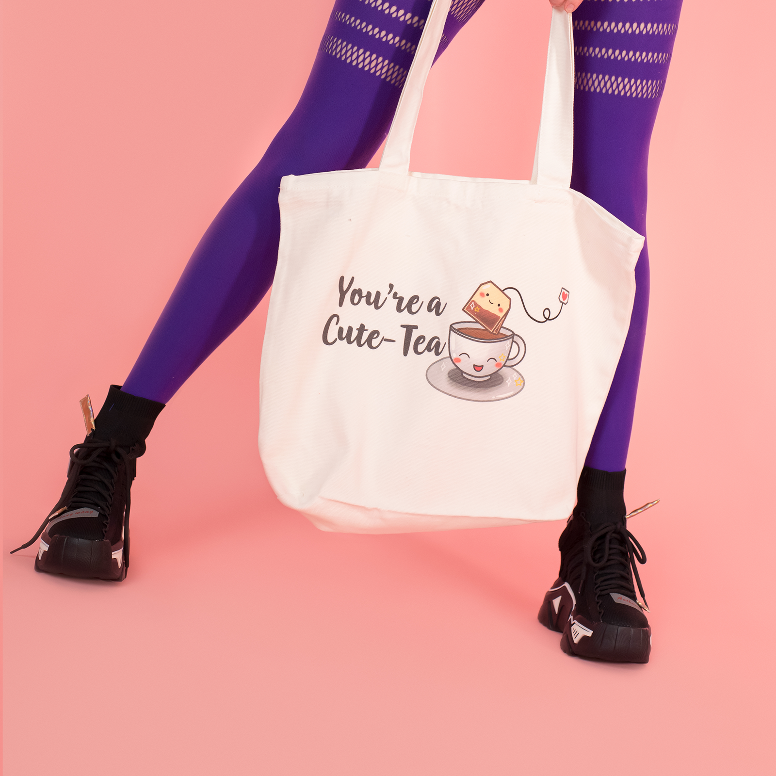 Cream shoulder tote with Cute-Tea Tote graphic by Lonely Kids Club