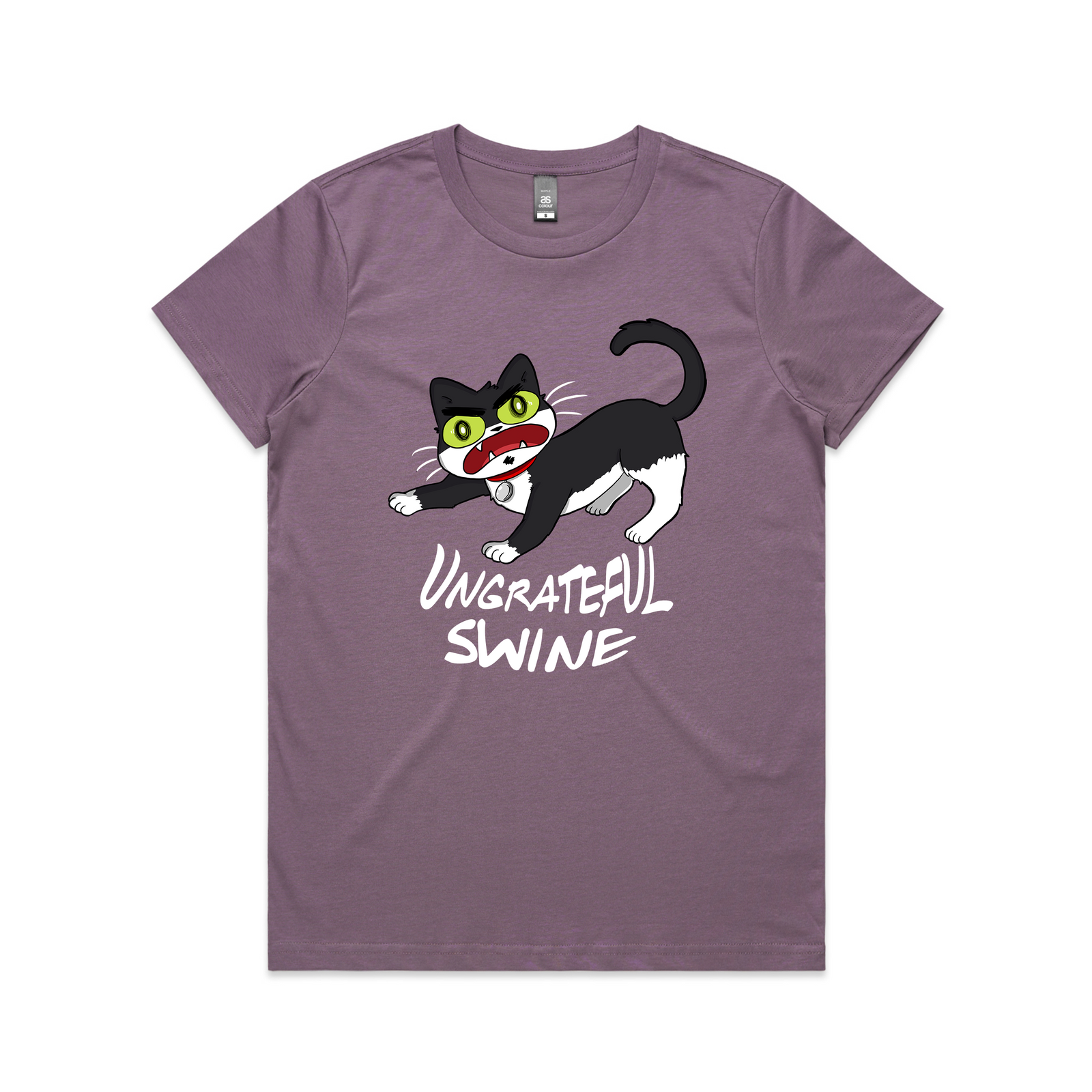 Mauve fitted womens t-shirt with Ungrateful Swine graphic by Lonely Kids Club