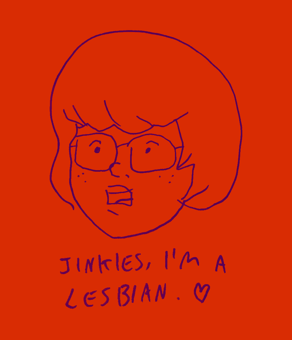 T-shirt with a bespectacled cartoon face illustration and 'Jinkies, I'm A Lesbian.' text by Lonely Kids Club