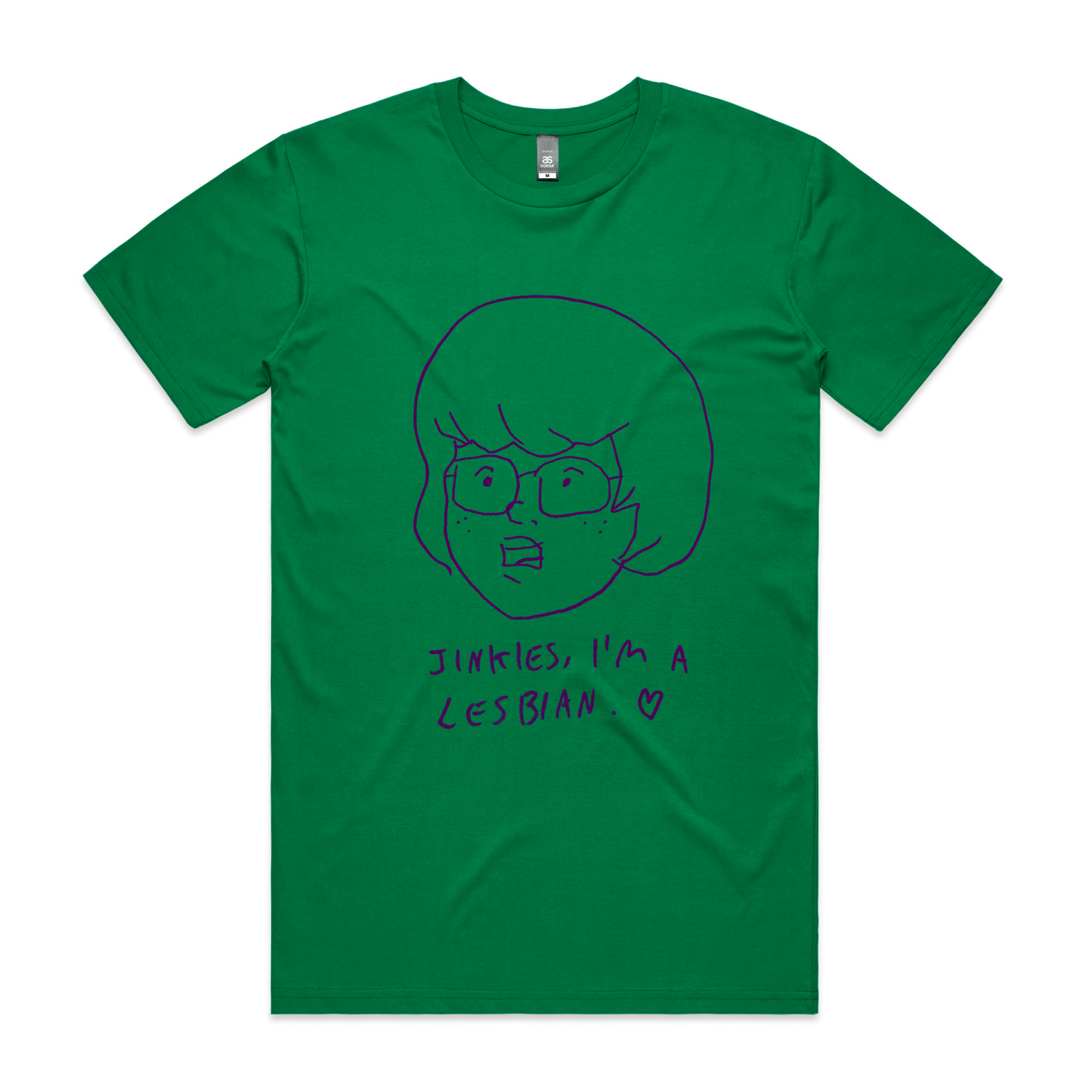 Green unisex t-shirt with a bespectacled cartoon face illustration and 'Jinkies, I'm A Lesbian.' text by Lonely Kids Club