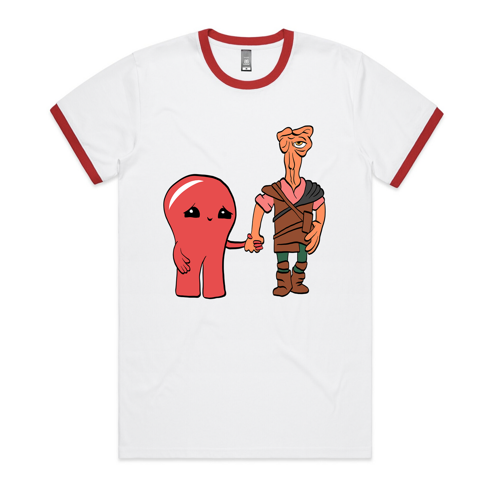 Red/White Ringer unisex t-shirt with Plasmo and Corredor Ringer graphic by Lonely Kids Club