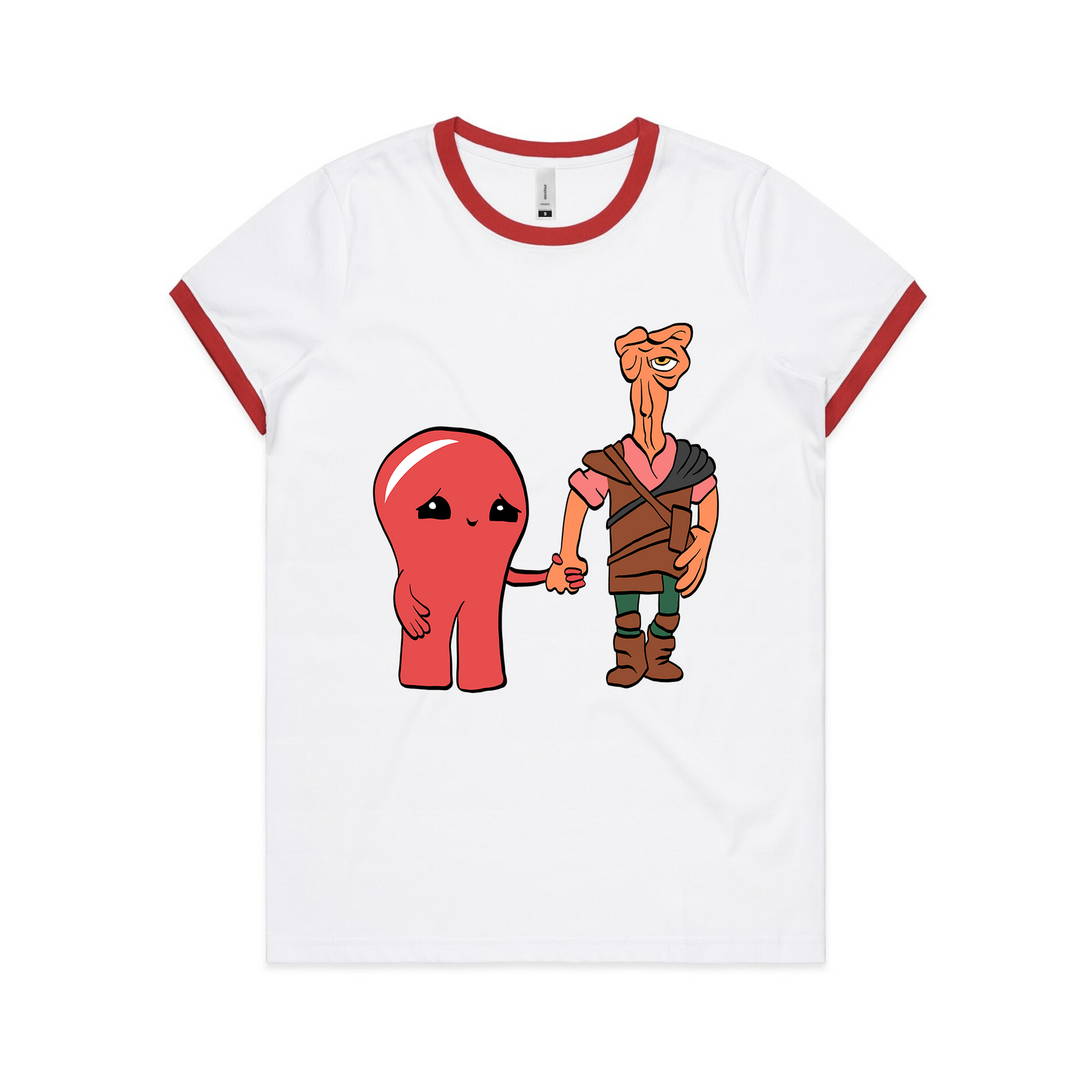 Red/White Ringer fitted womens t-shirt with Plasmo and Corredor Ringer graphic by Lonely Kids Club