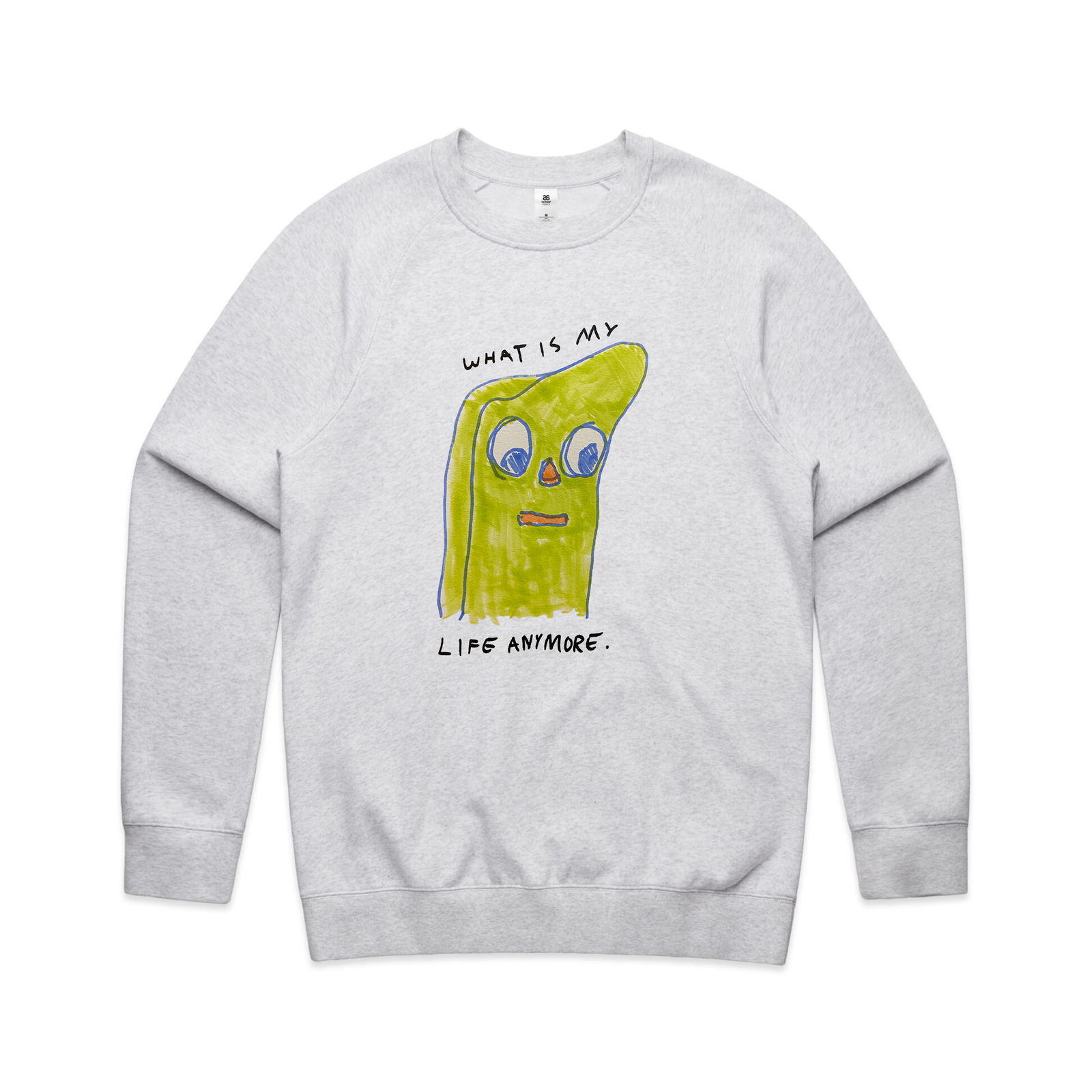White Marle regular jumper with What Is My Life Anymore Jumper graphic by Lonely Kids Club