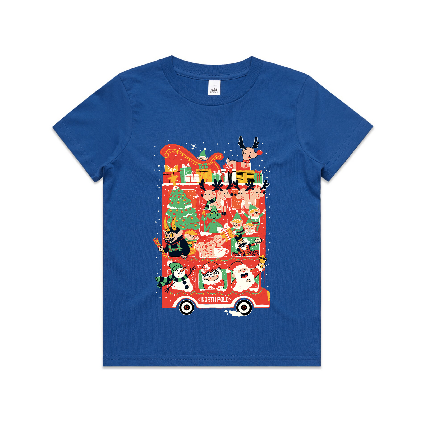 Royal Blue kids t-shirt with Christmas Bus Kids graphic by Lonely Kids Club
