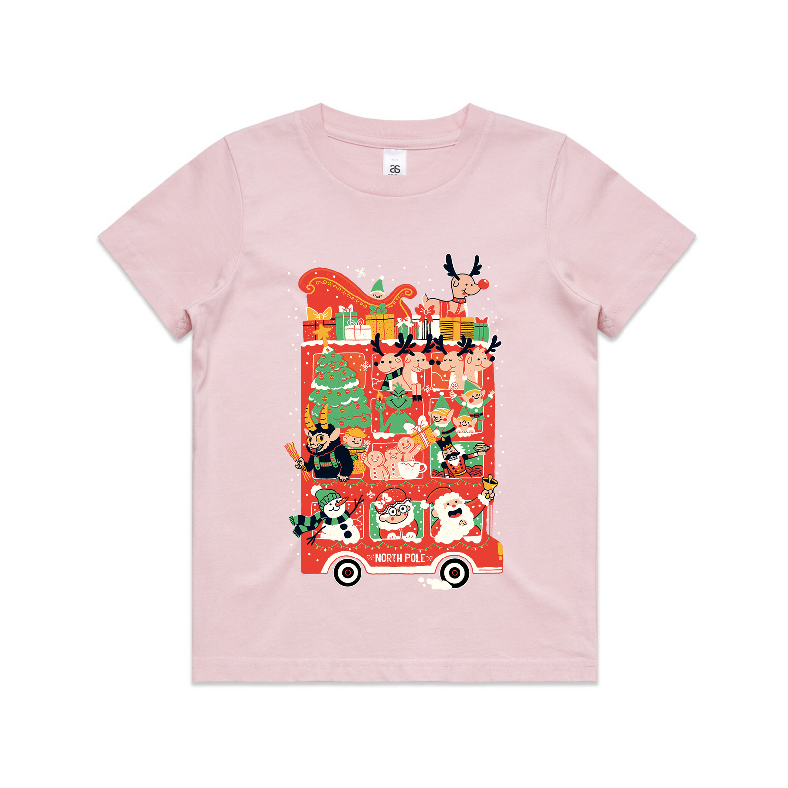 Pink kids t-shirt with Christmas Bus Kids graphic by Lonely Kids Club