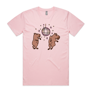 Dancing Capybaras t-shirt in pink, two capybaras dancing under a disco ball